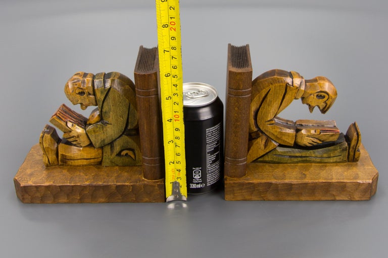 Hand Carved Wooden Sculpture Bookends Two Reading Men For Sale 7