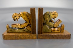 Hand Carved Wooden Sculpture Bookends Two Reading Men