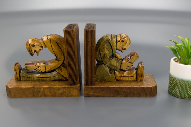 Hand-Carved Hand Carved Wooden Sculpture Bookends Two Reading Men For Sale