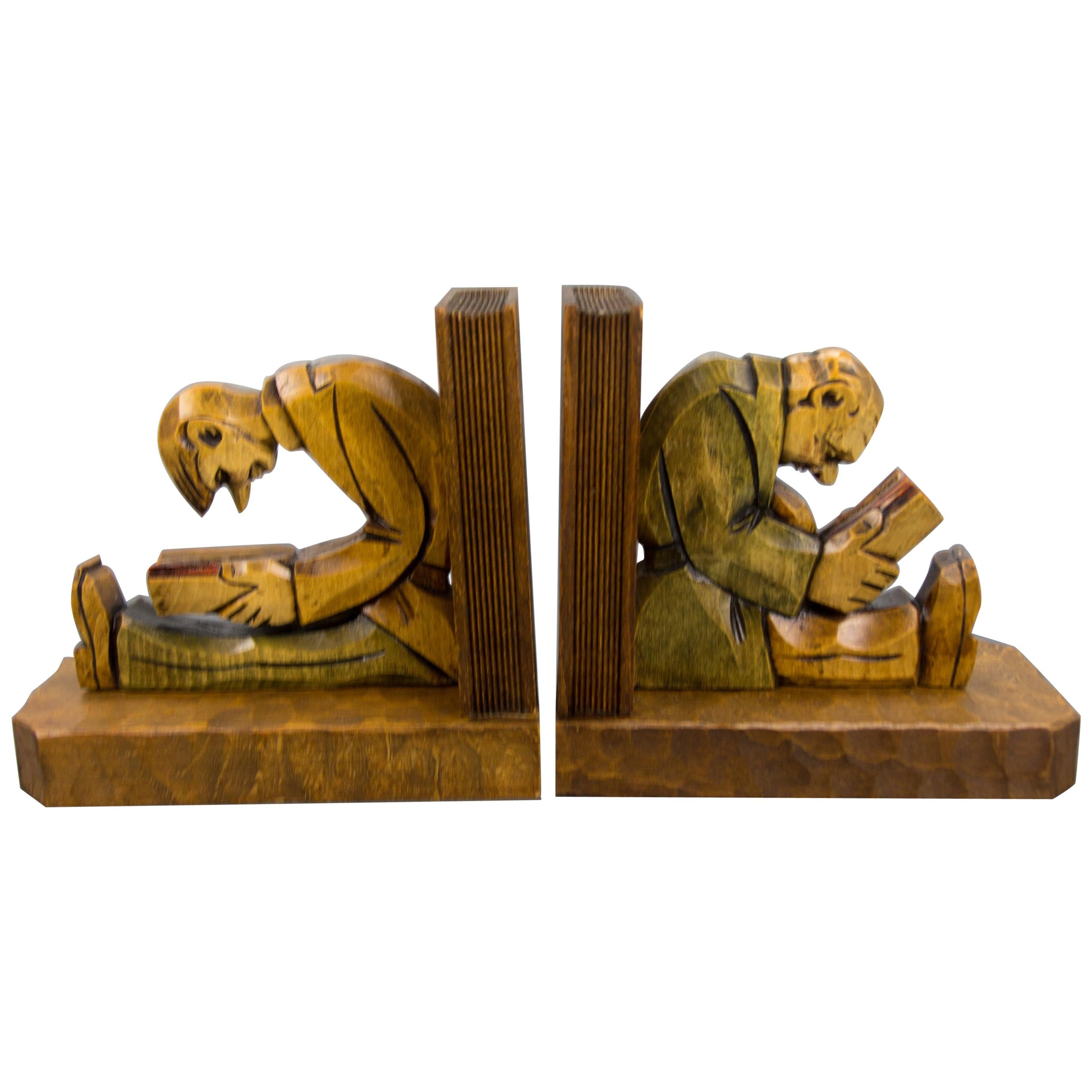 Hand Carved Wooden Sculpture Bookends Two Reading Men