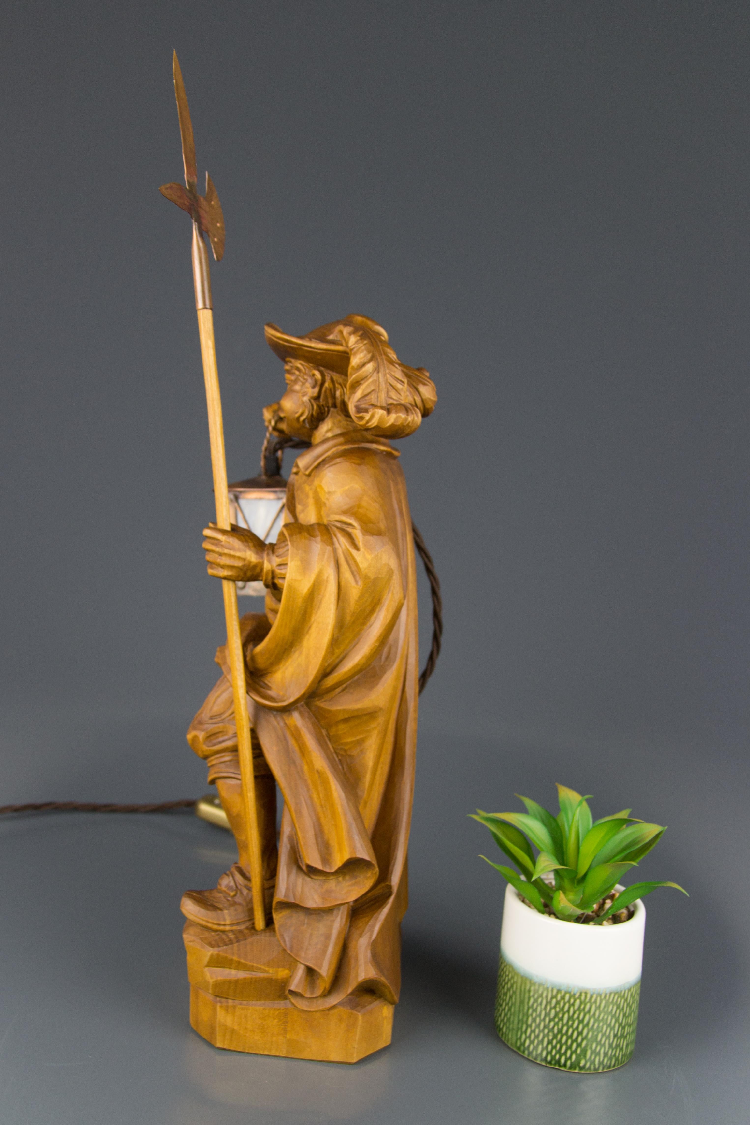 Hand Carved Wooden Sculpture Lamp Night Watchman with Lantern, Germany For Sale 5