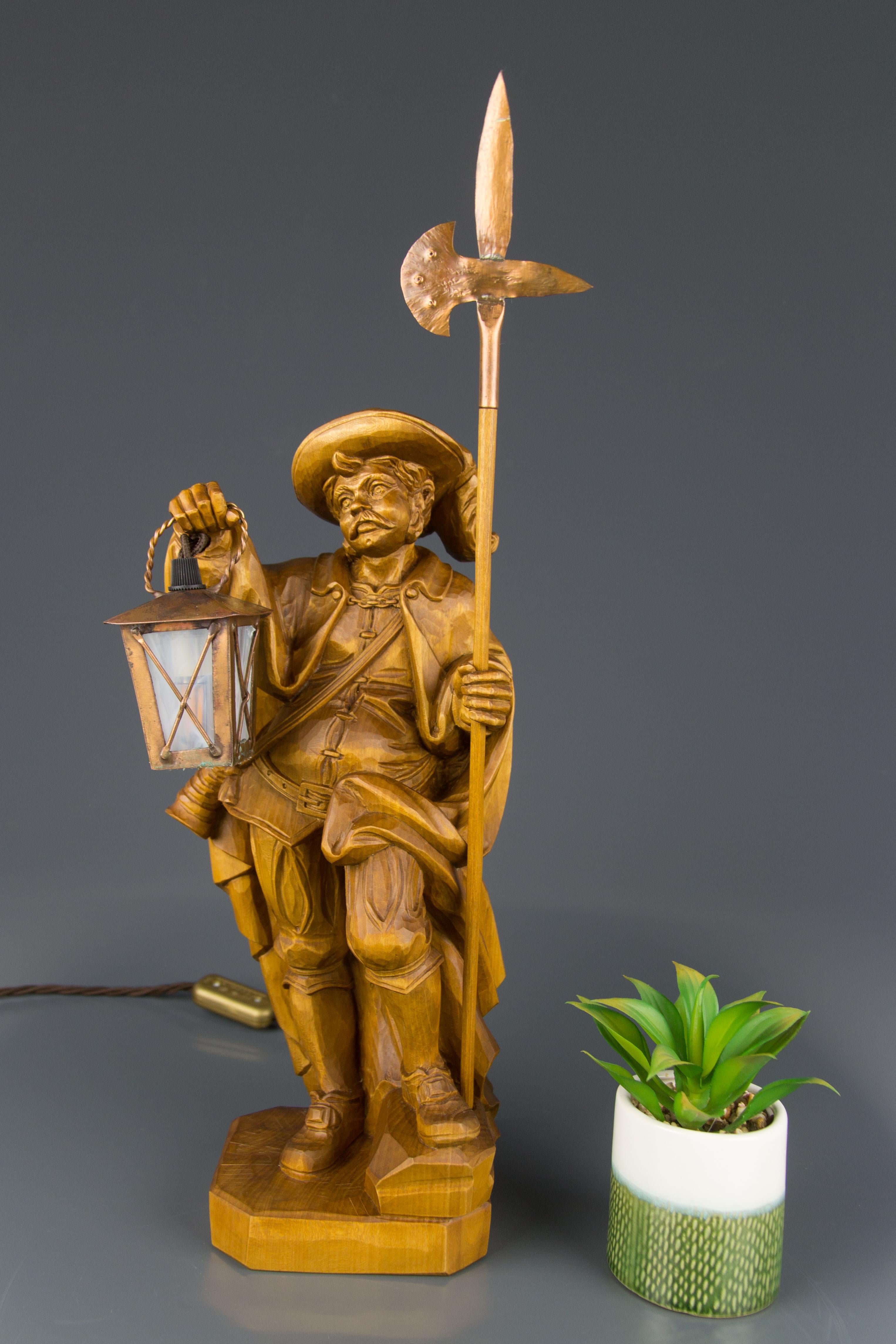 Hand Carved Wooden Sculpture Lamp Night Watchman with Lantern, Germany For Sale 7