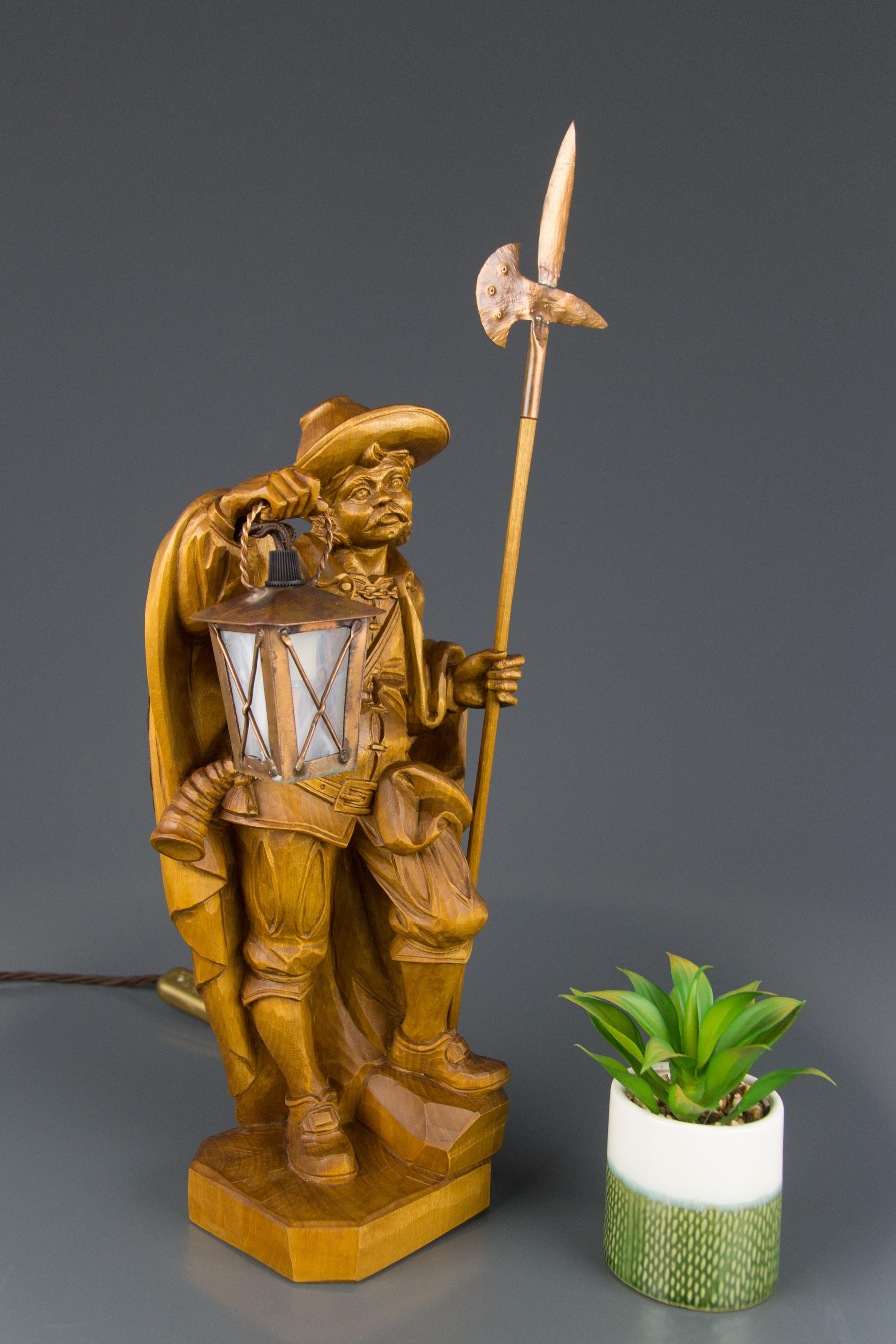 Hand Carved Wooden Sculpture Lamp Night Watchman with Lantern, Germany For Sale 8