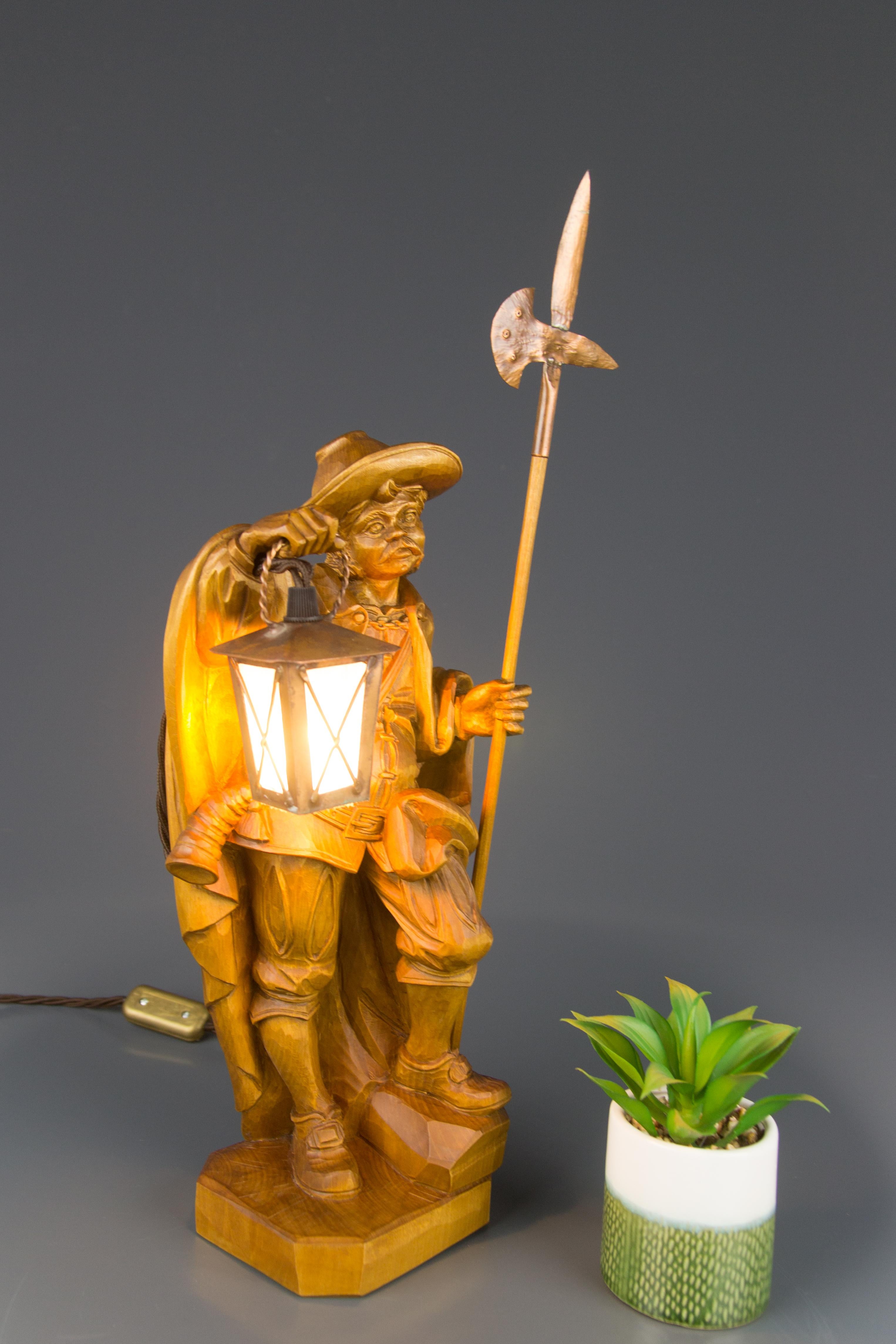 Hand Carved Wooden Sculpture Lamp Night Watchman with Lantern, Germany For Sale 9