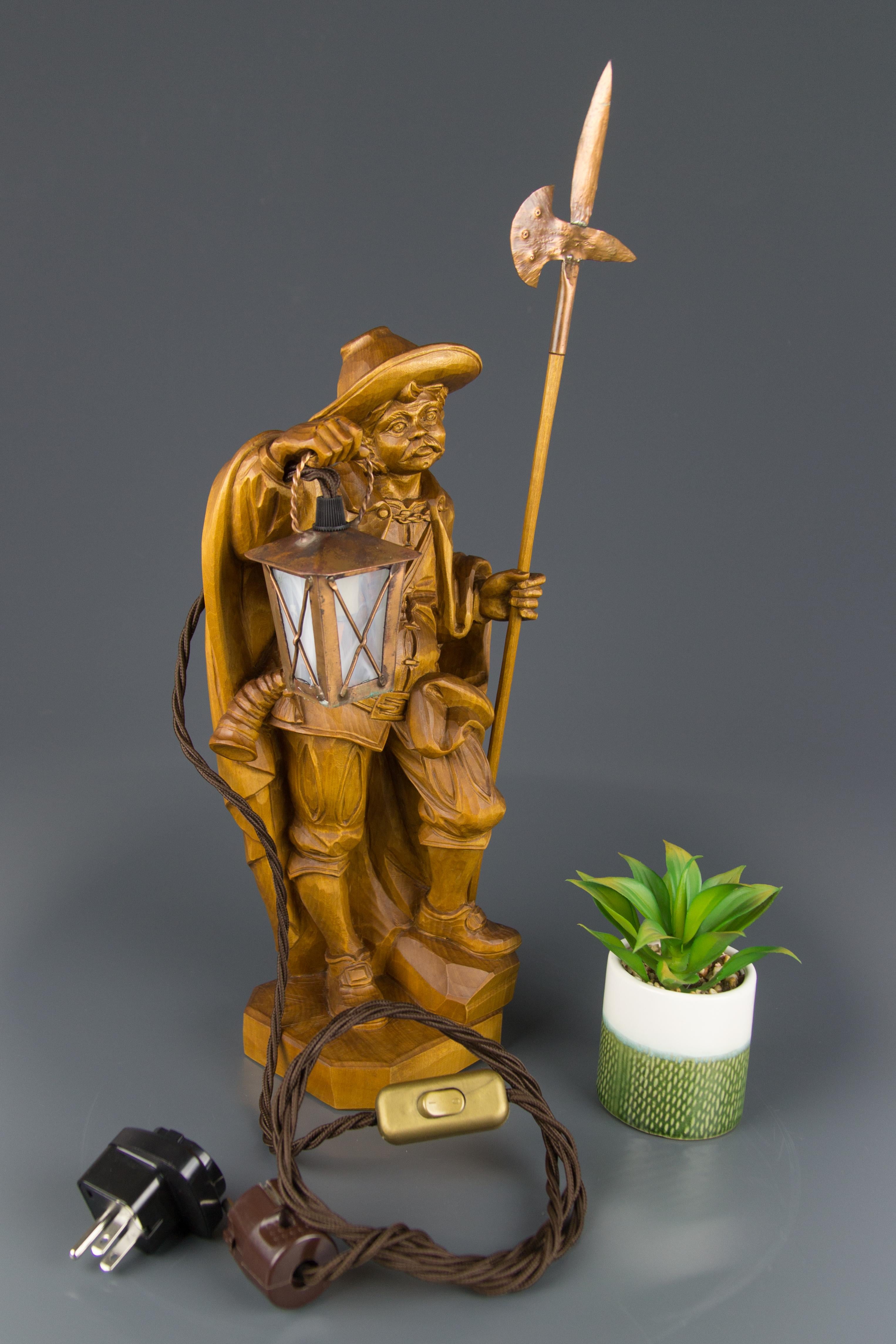 Hand Carved Wooden Sculpture Lamp Night Watchman with Lantern, Germany For Sale 10