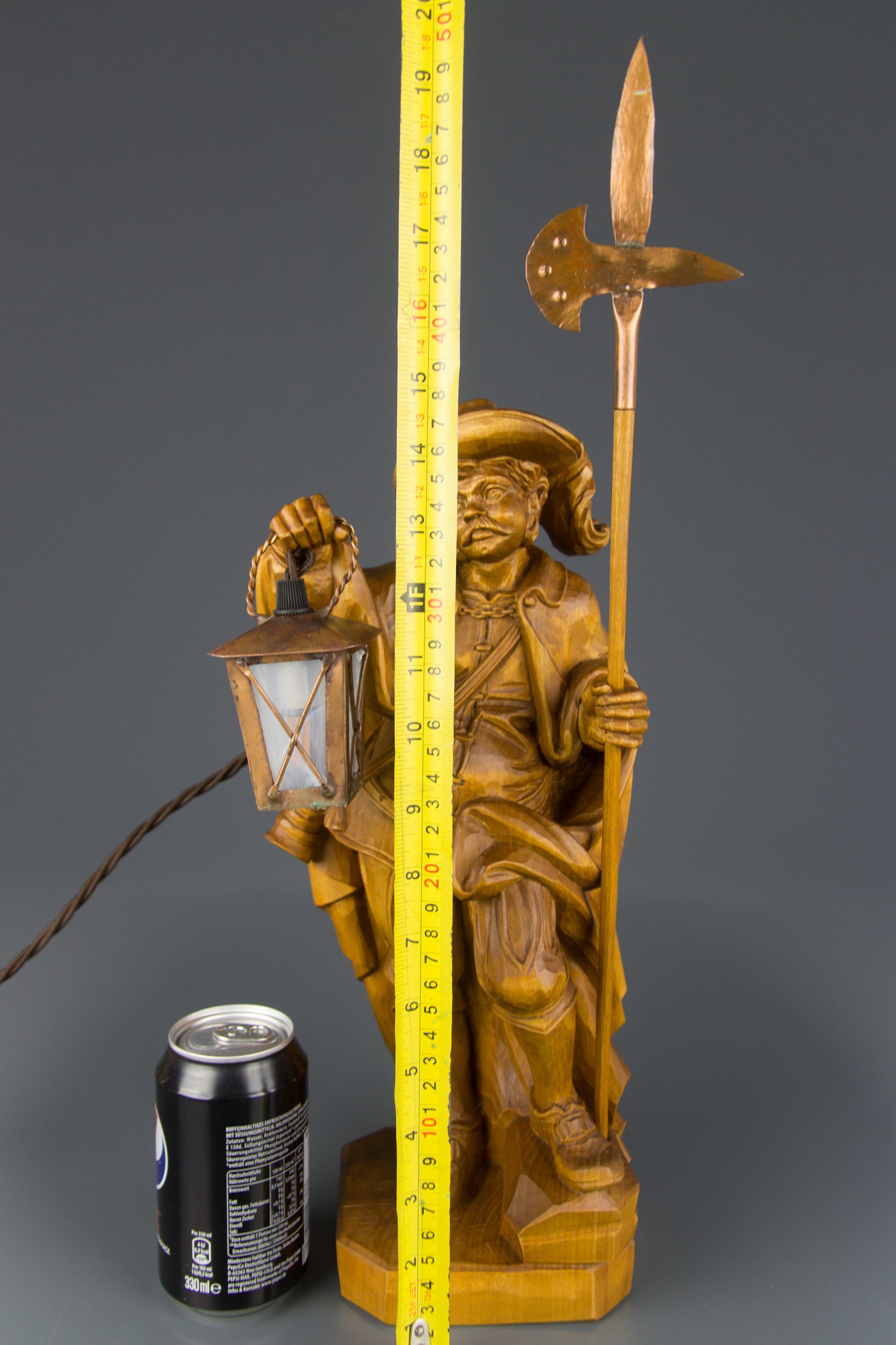 Hand Carved Wooden Sculpture Lamp Night Watchman with Lantern, Germany For Sale 11