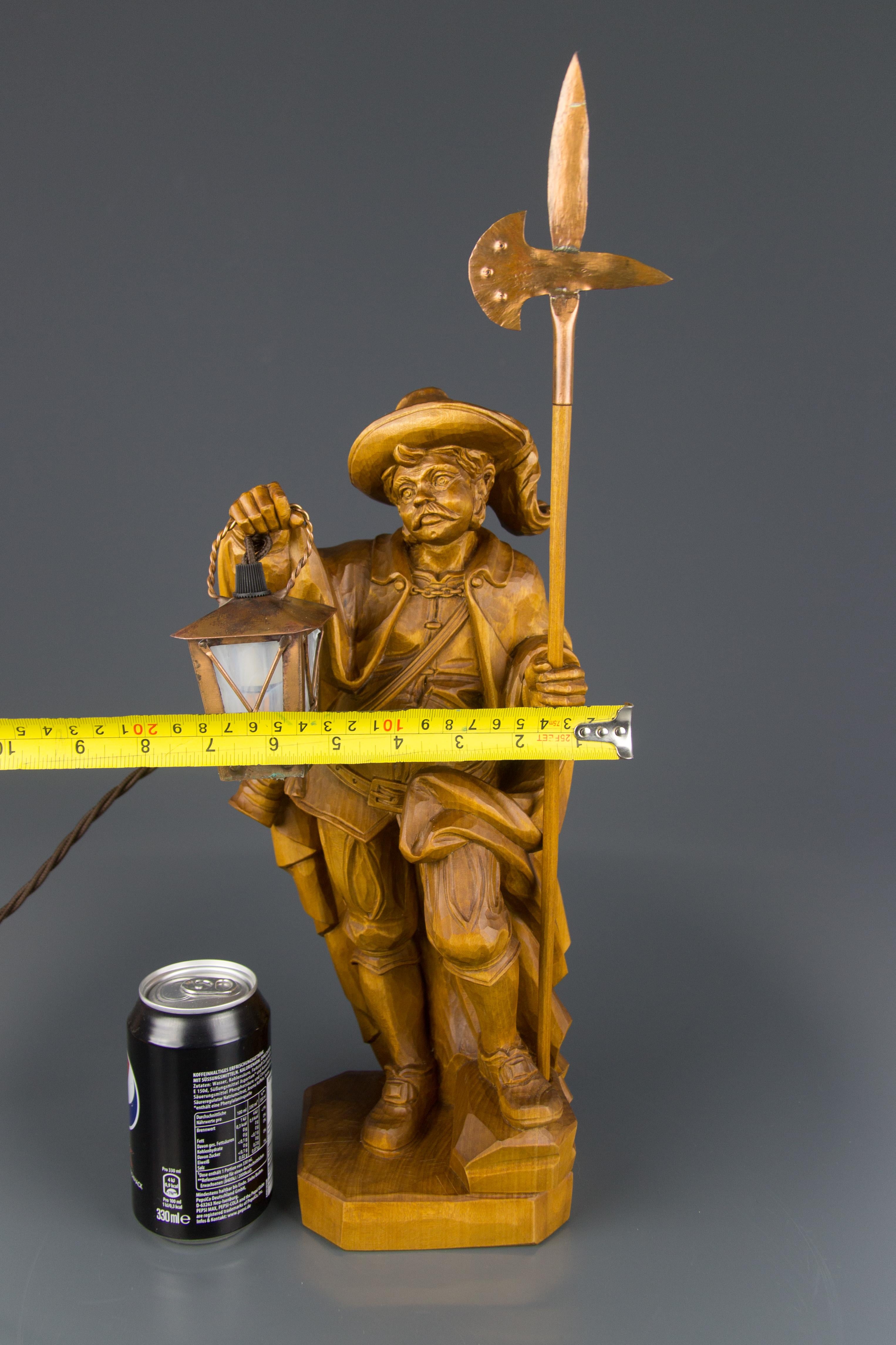 Hand Carved Wooden Sculpture Lamp Night Watchman with Lantern, Germany For Sale 12