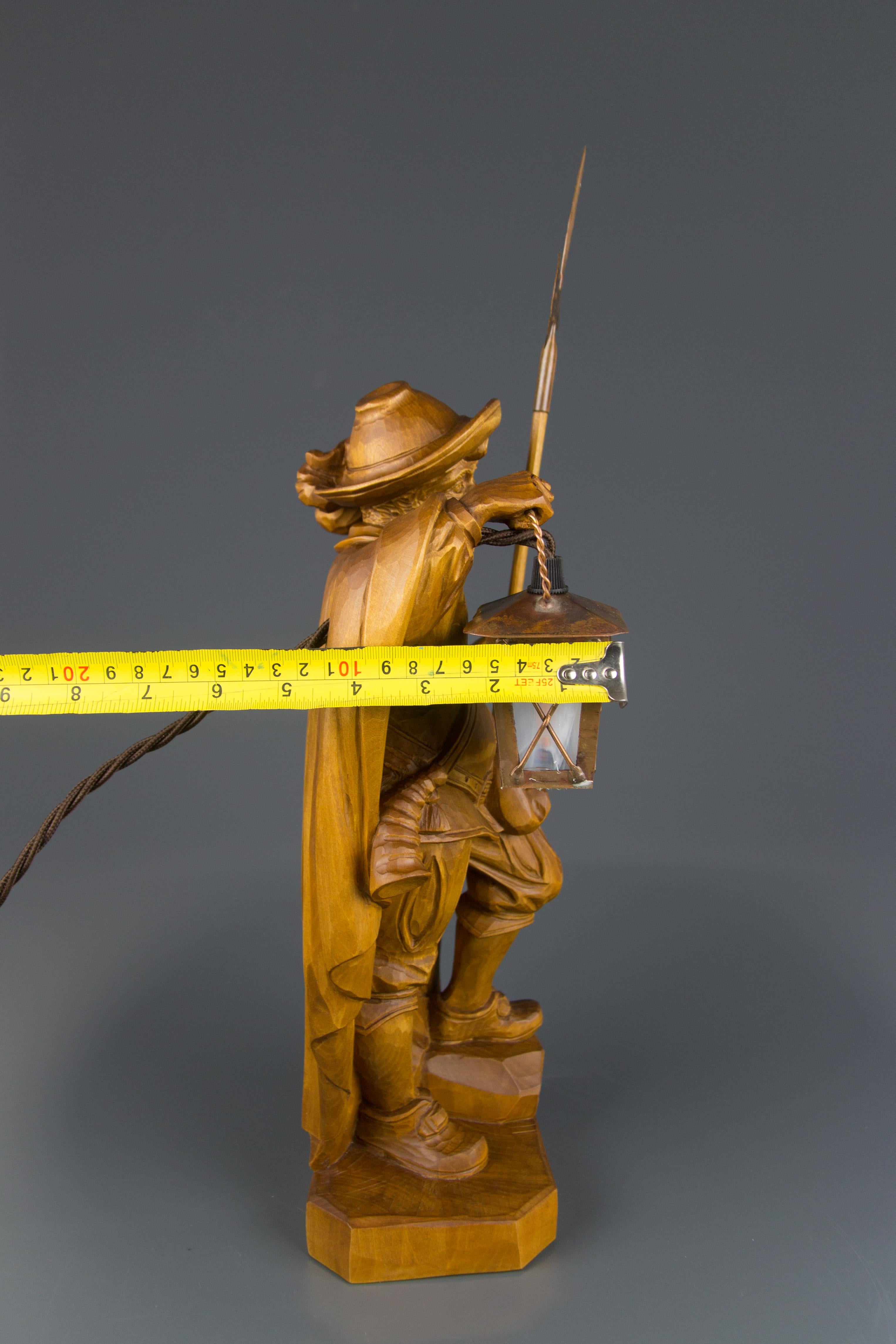 Hand Carved Wooden Sculpture Lamp Night Watchman with Lantern, Germany For Sale 13