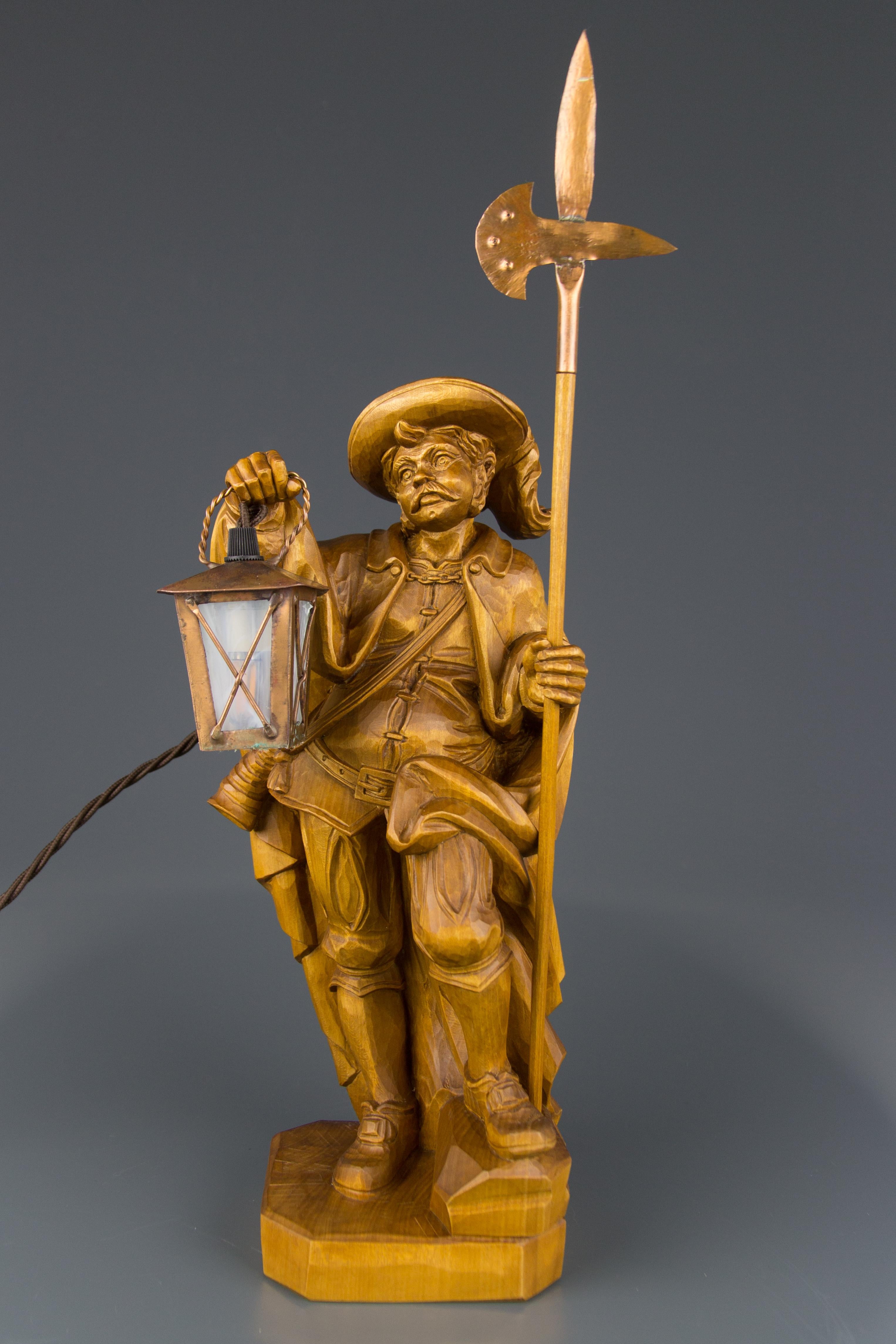 Black Forest Hand Carved Wooden Sculpture Lamp Night Watchman with Lantern, Germany For Sale