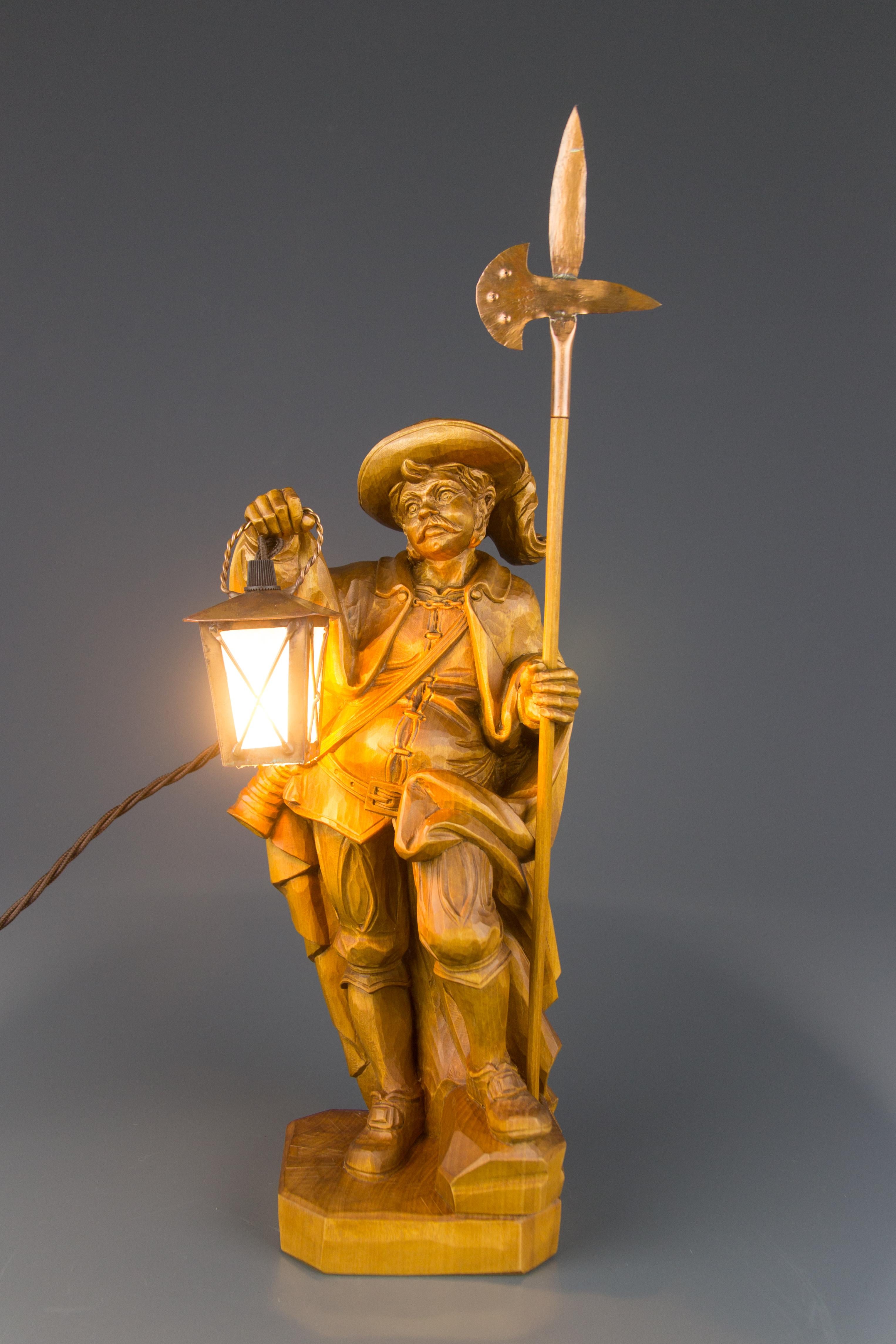 Hand-Carved Hand Carved Wooden Sculpture Lamp Night Watchman with Lantern, Germany For Sale