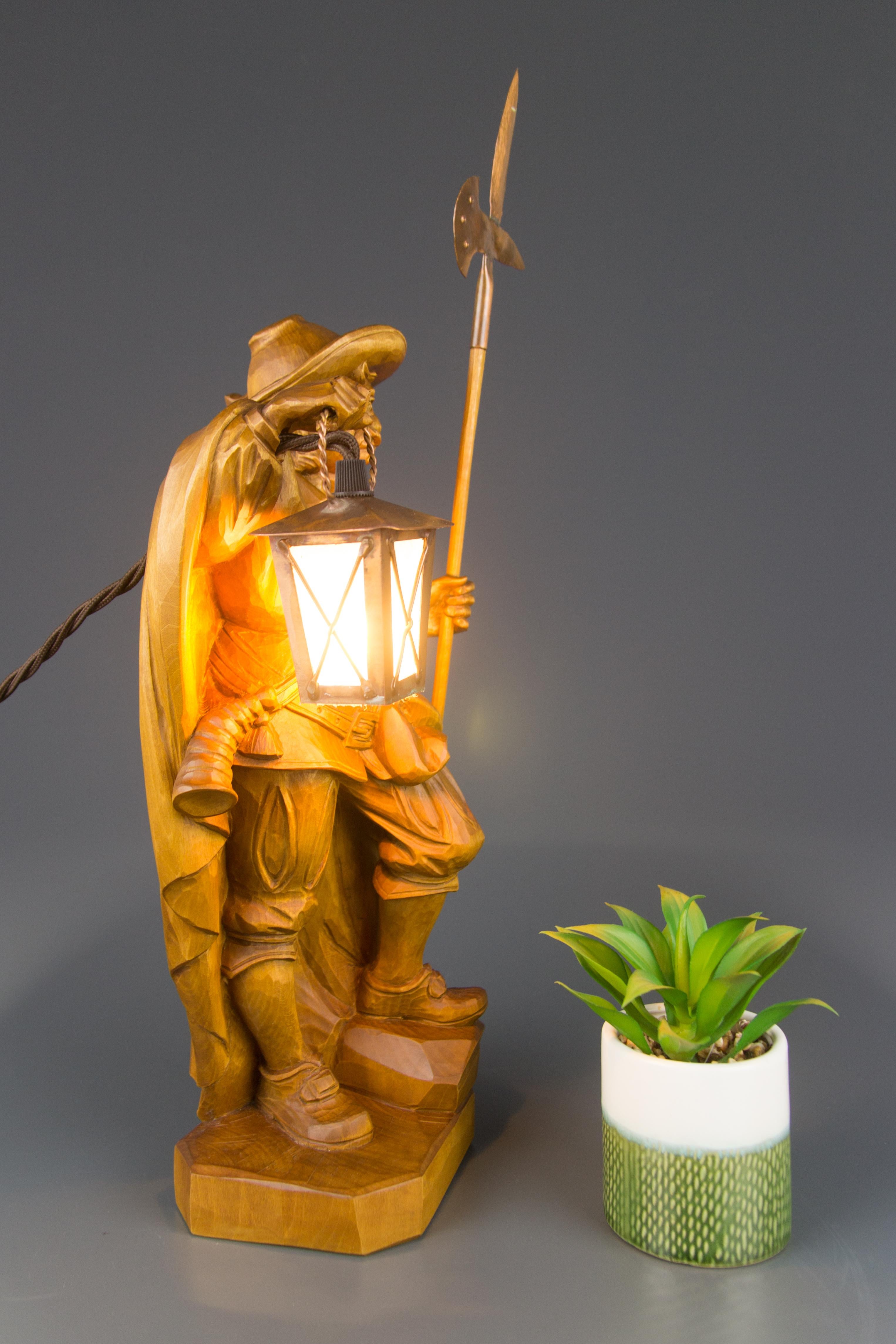 20th Century Hand Carved Wooden Sculpture Lamp Night Watchman with Lantern, Germany For Sale