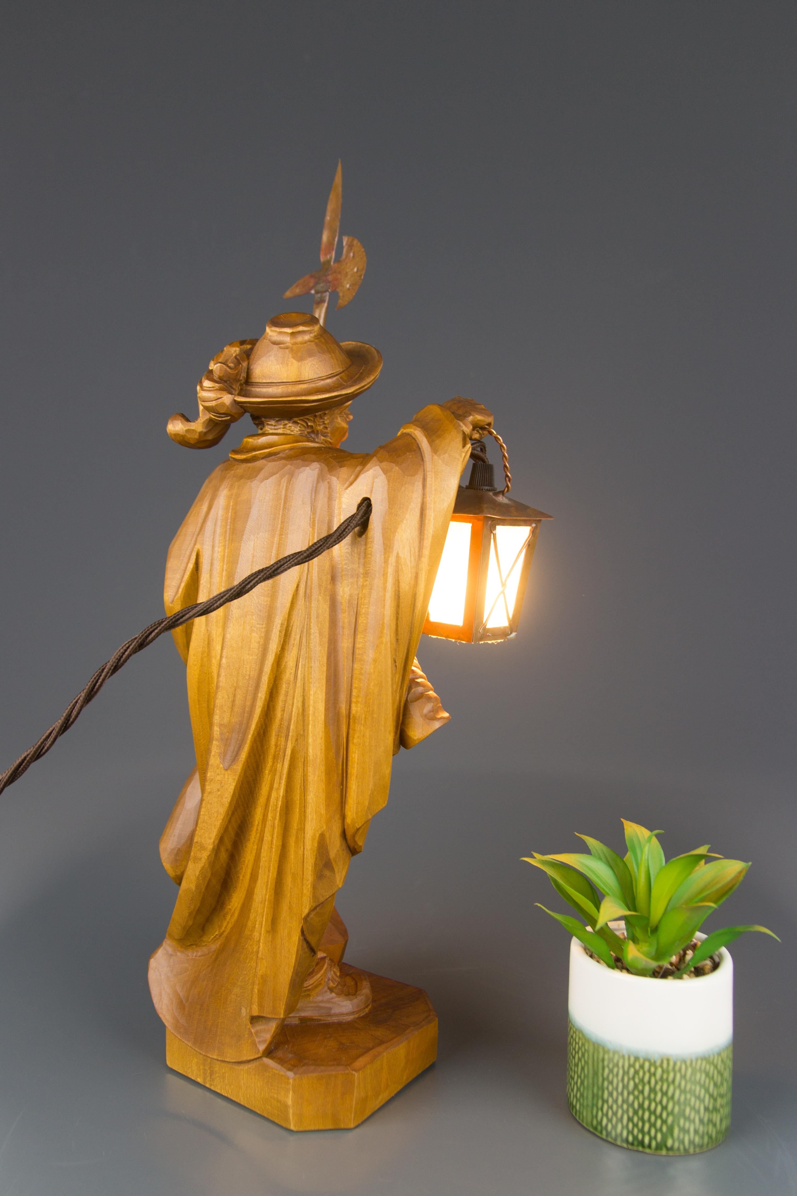 Hand Carved Wooden Sculpture Lamp Night Watchman with Lantern, Germany For Sale 2