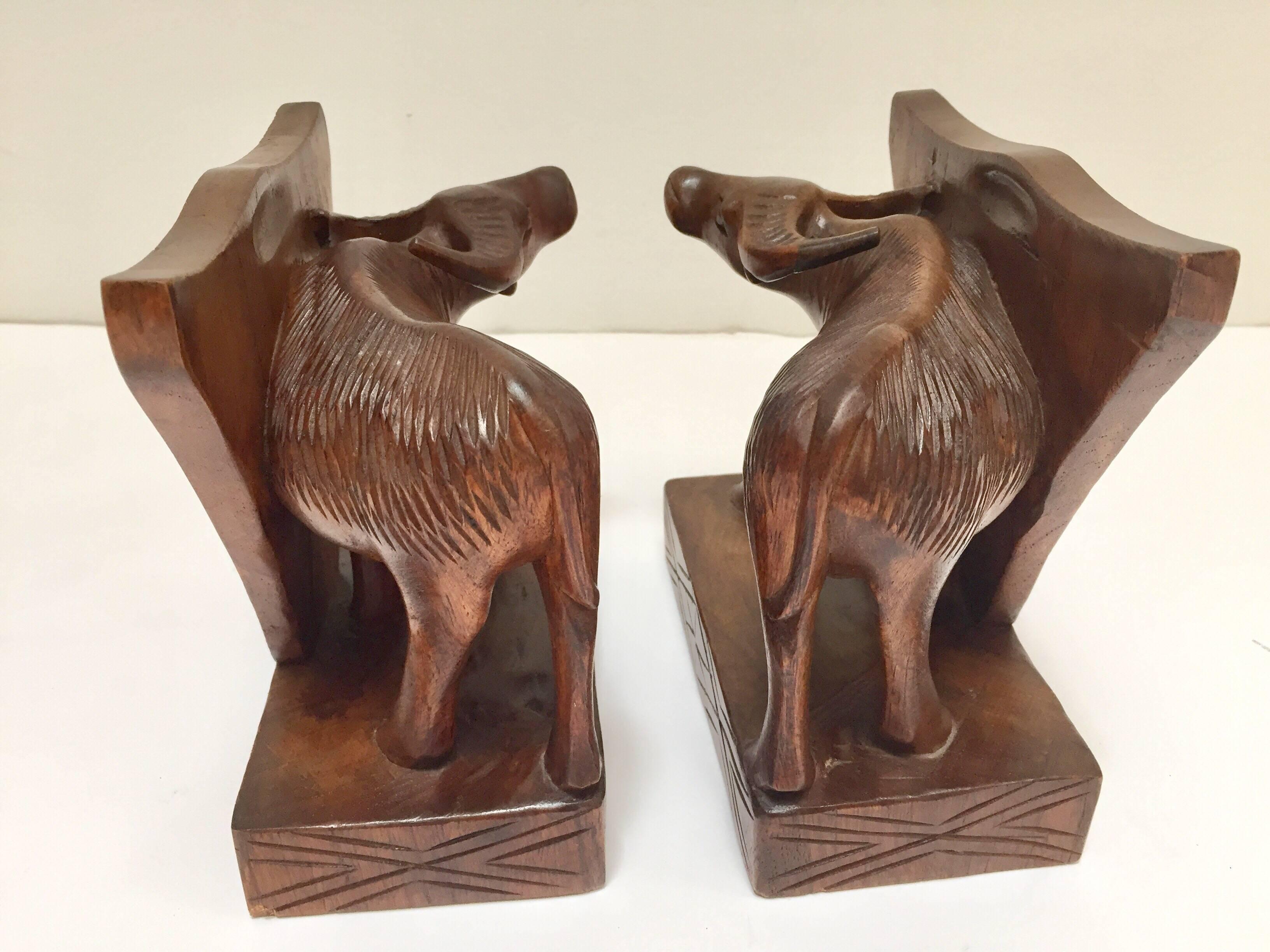 Hand-Carved Wooden Sculpture of African Buffalo Bookends 1