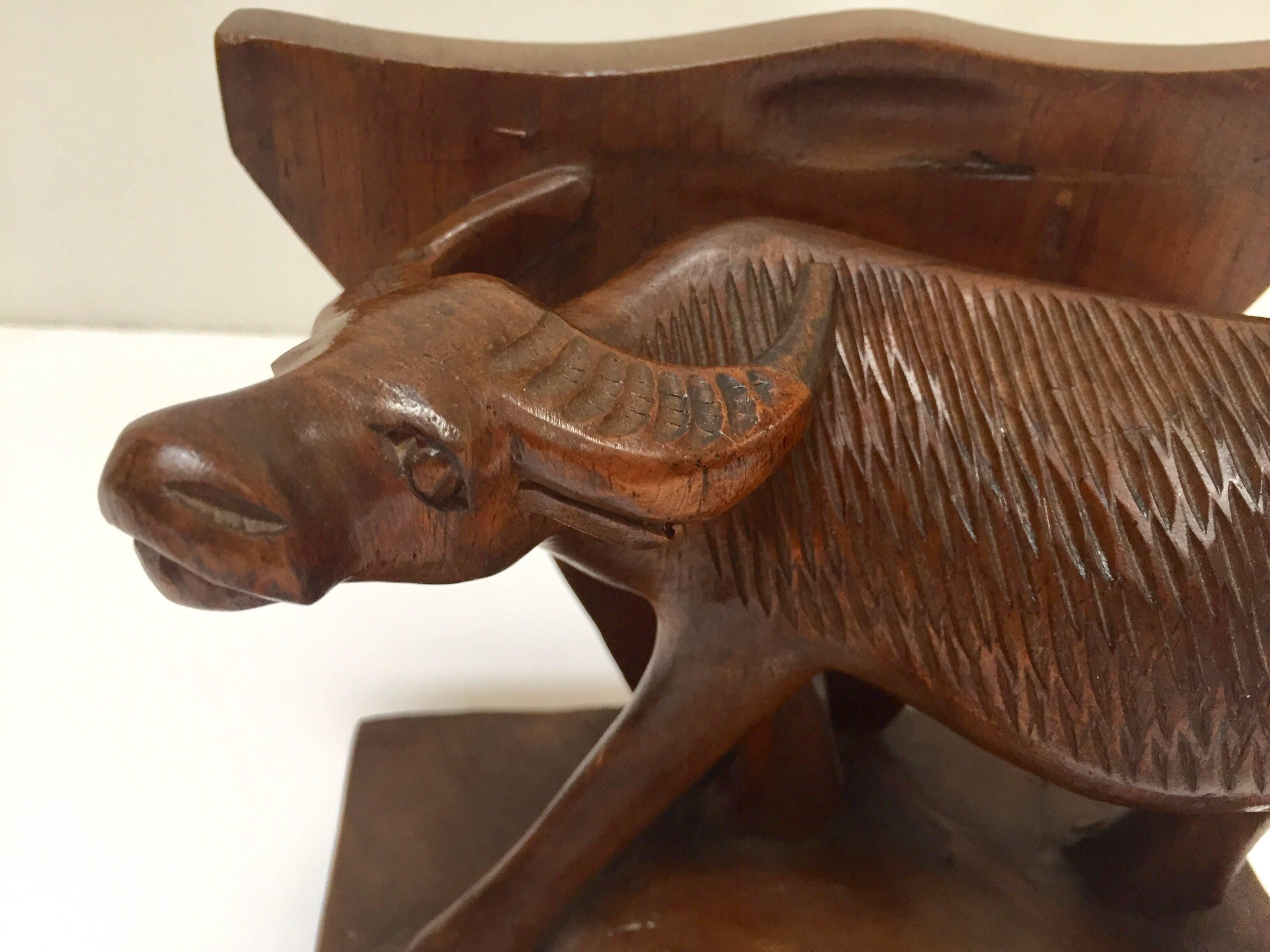Hand-Carved Wooden Sculpture of African Buffalo Bookends 3