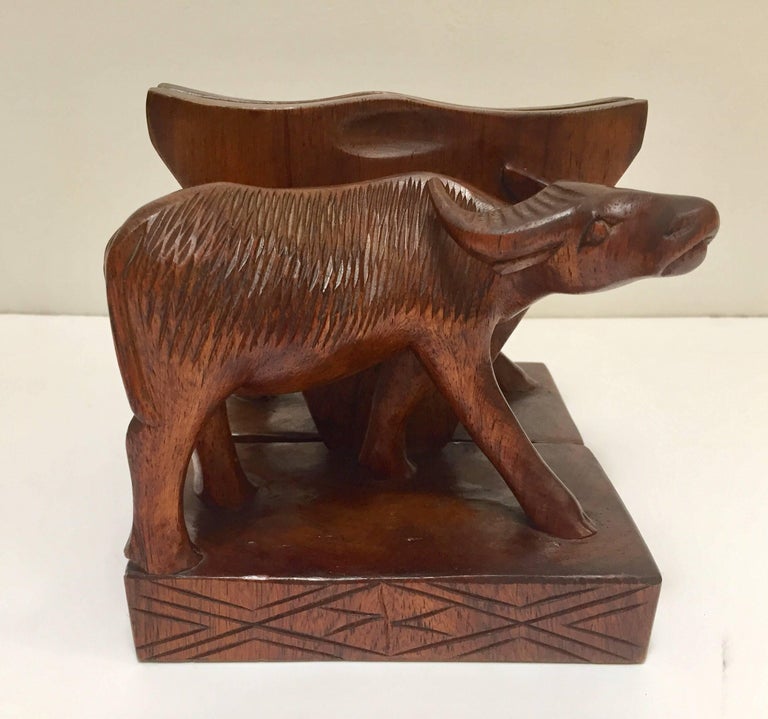 HandCarved Wooden Sculpture of African Buffalo Bookends at 1stDibs