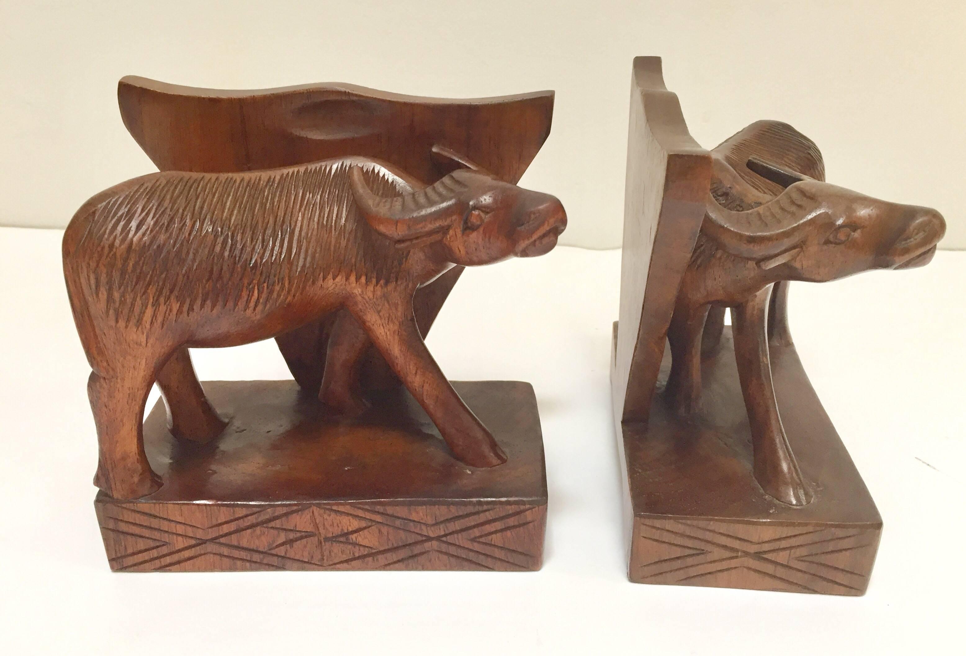 Tribal Hand-Carved Wooden Sculpture of African Buffalo Bookends