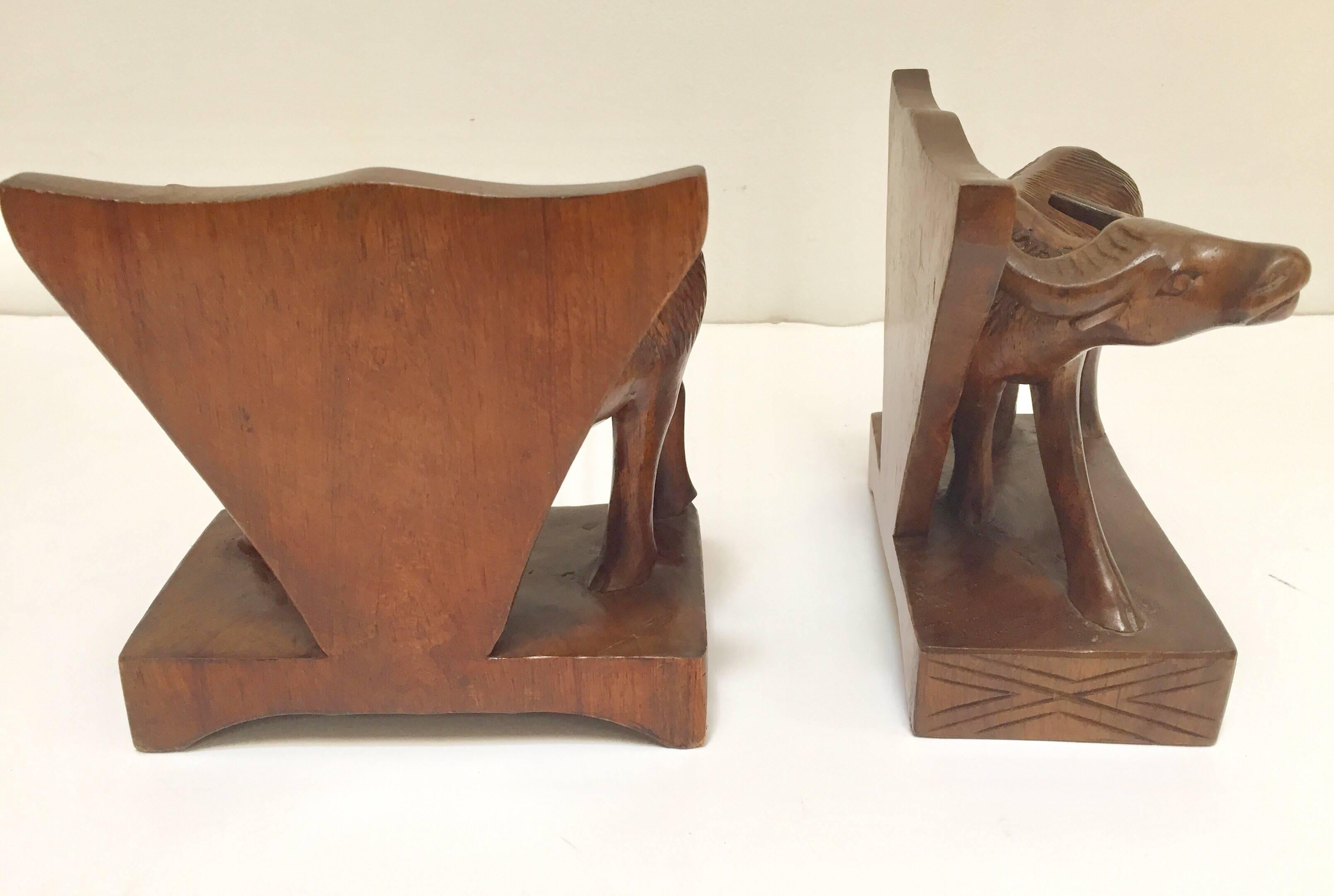 Ivorian Hand-Carved Wooden Sculpture of African Buffalo Bookends