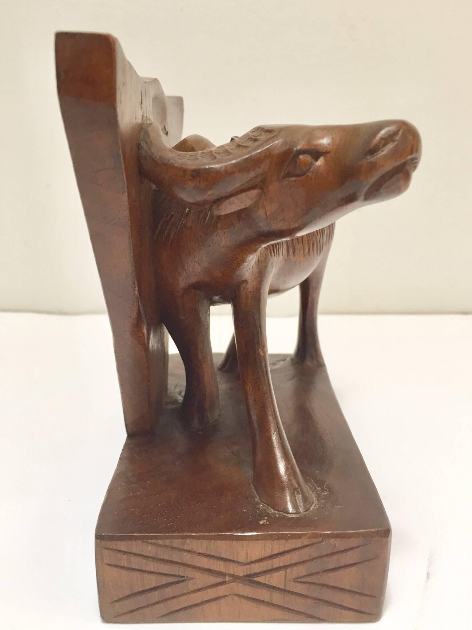 20th Century Hand-Carved Wooden Sculpture of African Buffalo Bookends