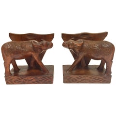 Hand-Carved Wooden Sculpture of African Buffalo Bookends