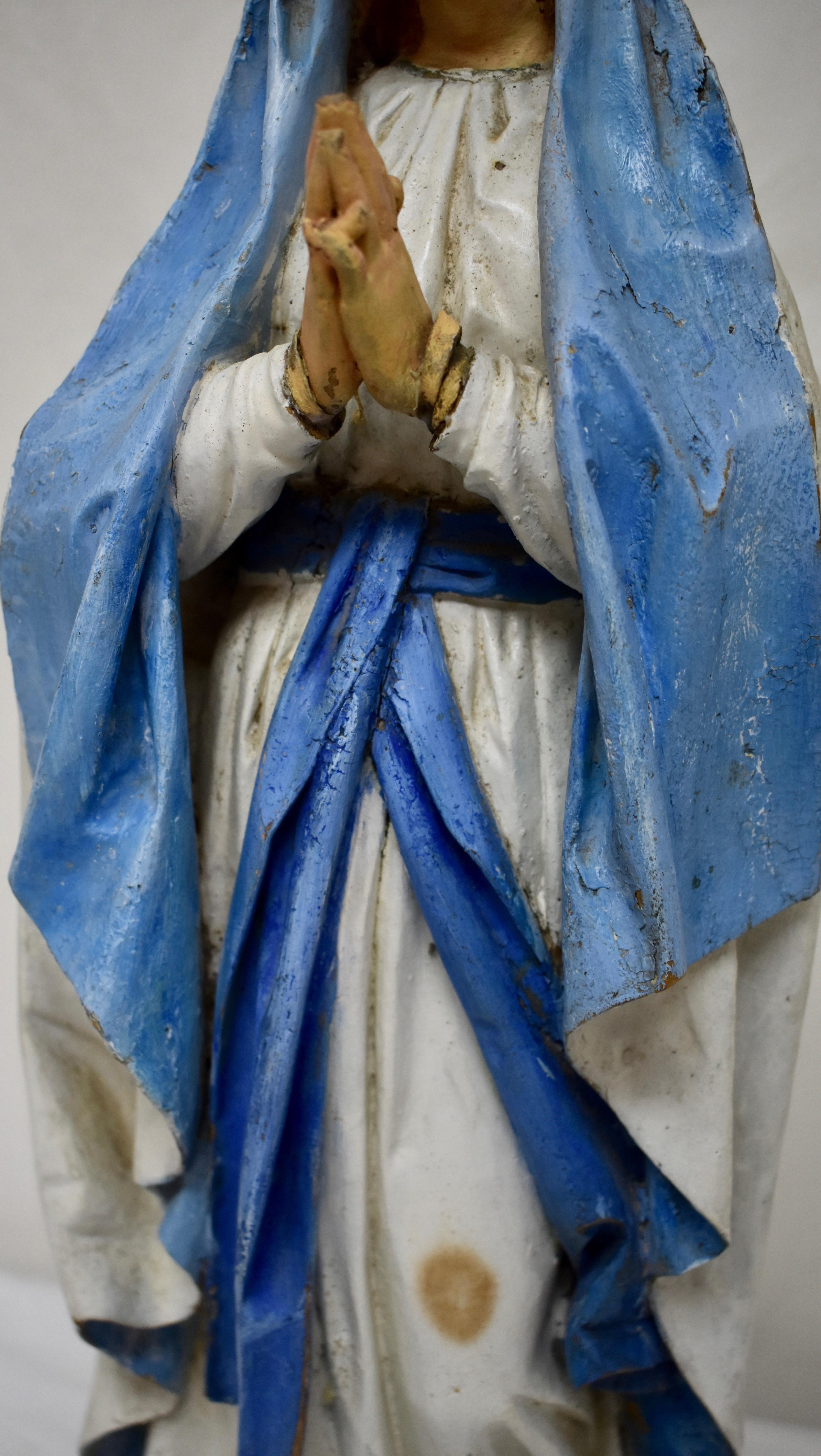 Folk Art Hand Carved Wooden Sculpture of Our Lady of Lourdes