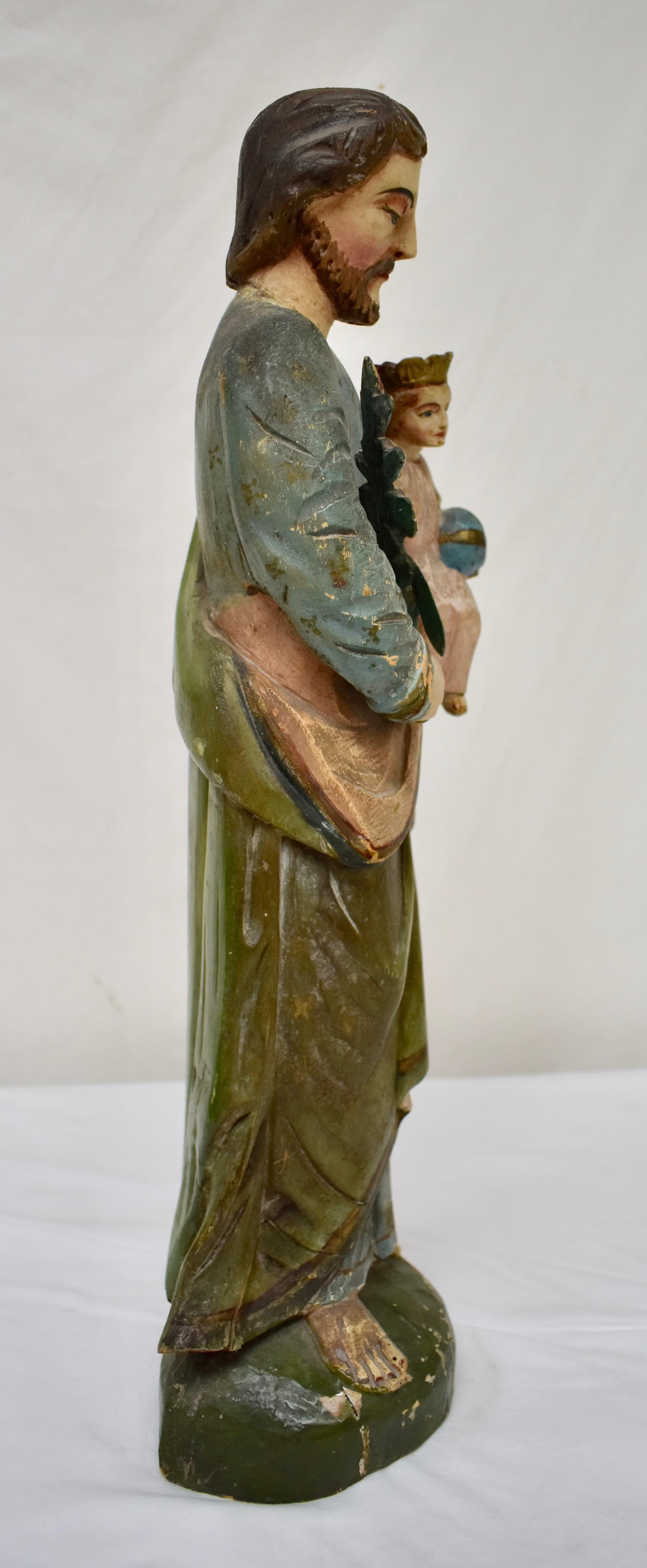 19th Century Hand Carved Wooden Sculpture of Saint Joseph with Baby Jesus
