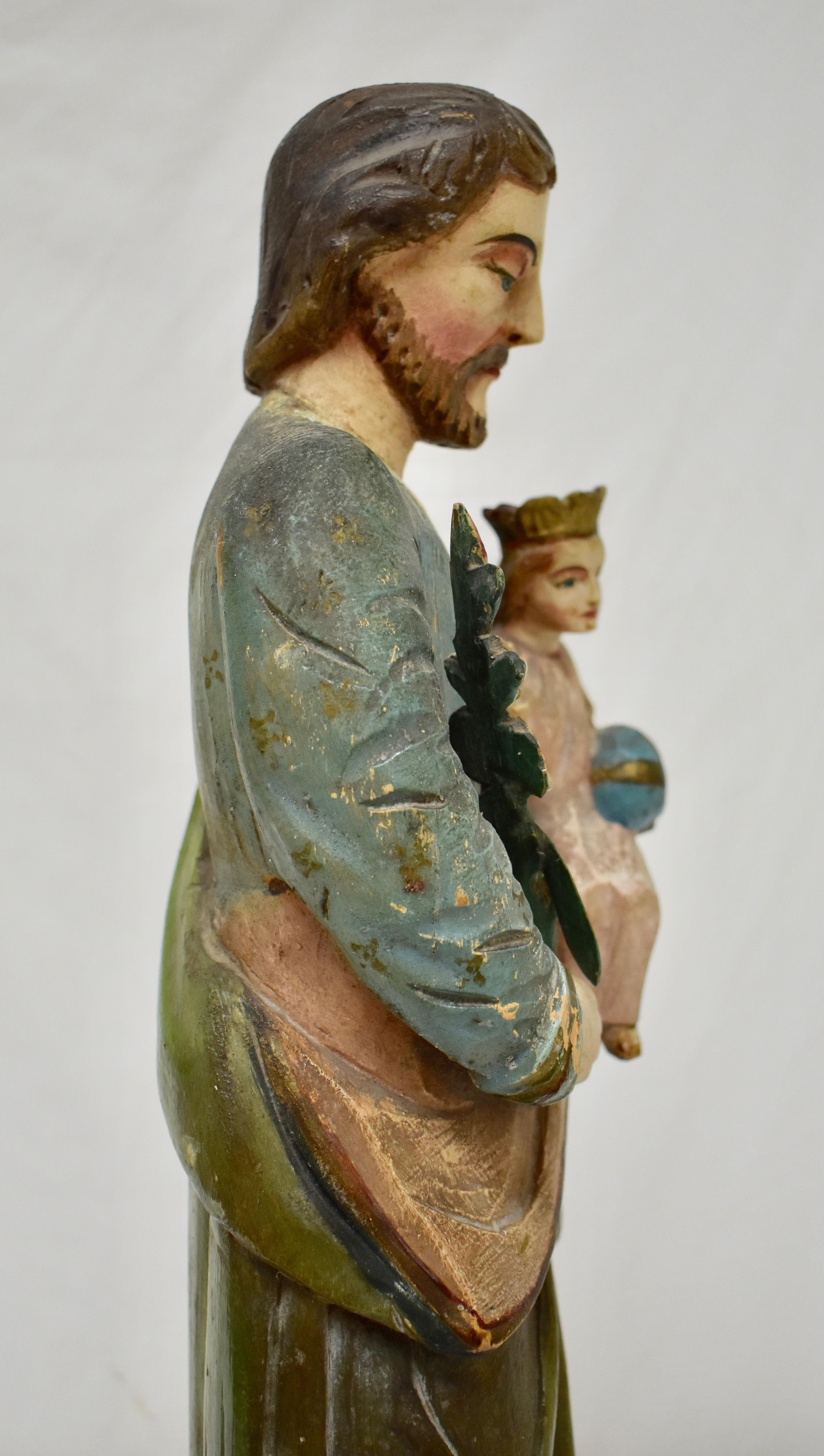 Fruitwood Hand Carved Wooden Sculpture of Saint Joseph with Baby Jesus