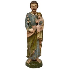 Antique Hand Carved Wooden Sculpture of Saint Joseph with Baby Jesus
