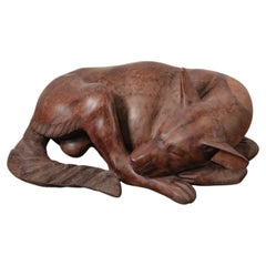 Hand-Carved Wooden Sleeping Dog Sculpture in Curled Form