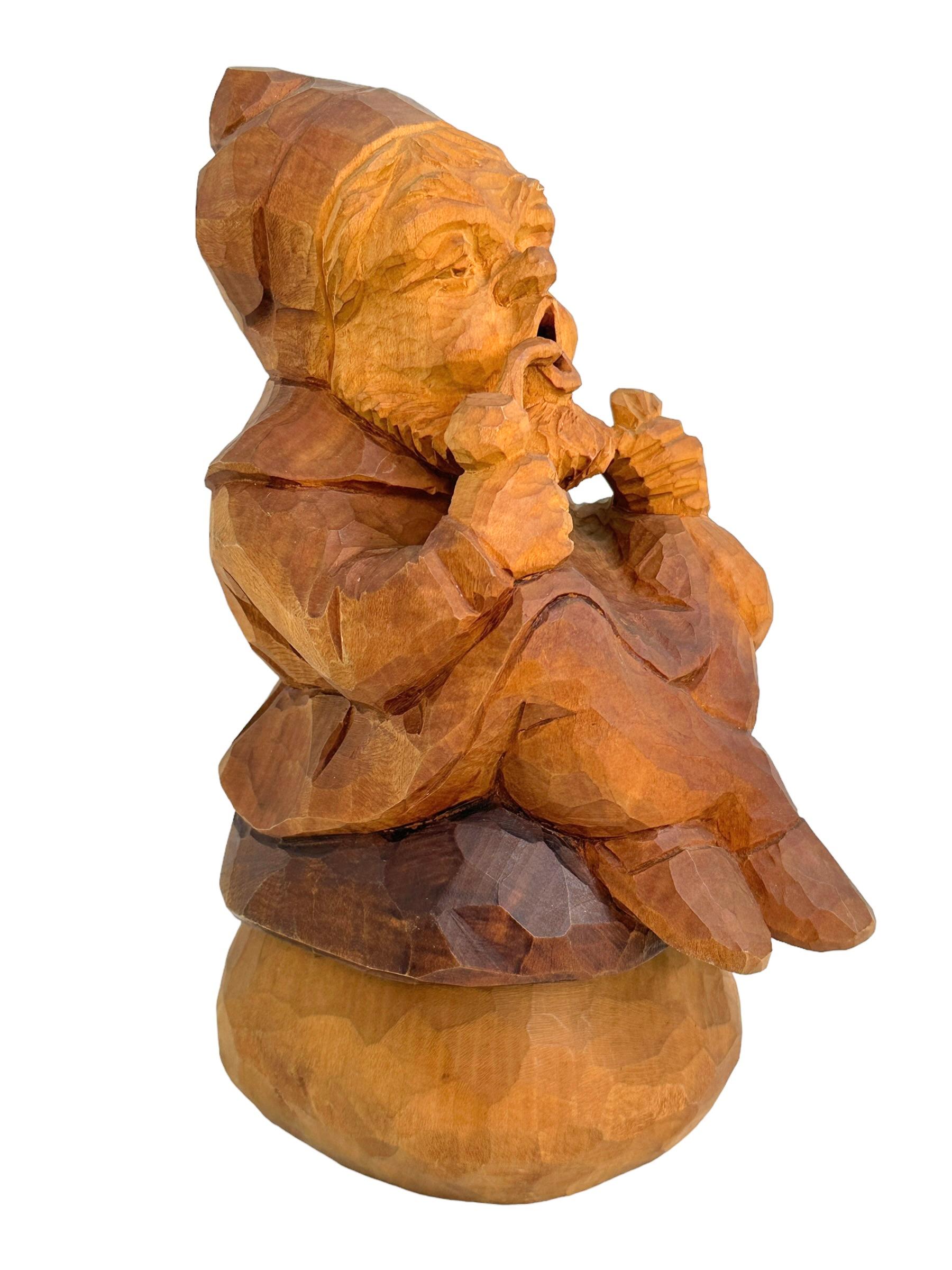 Hand-Carved Hand Carved Wooden Smoker Gnome Figure, Vintage German Black Forest Folk Art  For Sale
