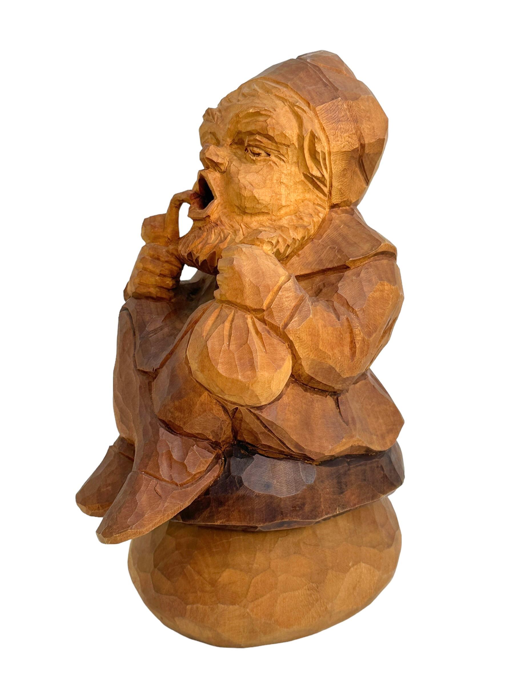 Hand Carved Wooden Smoker Gnome Figure, Vintage German Black Forest Folk Art  For Sale 1