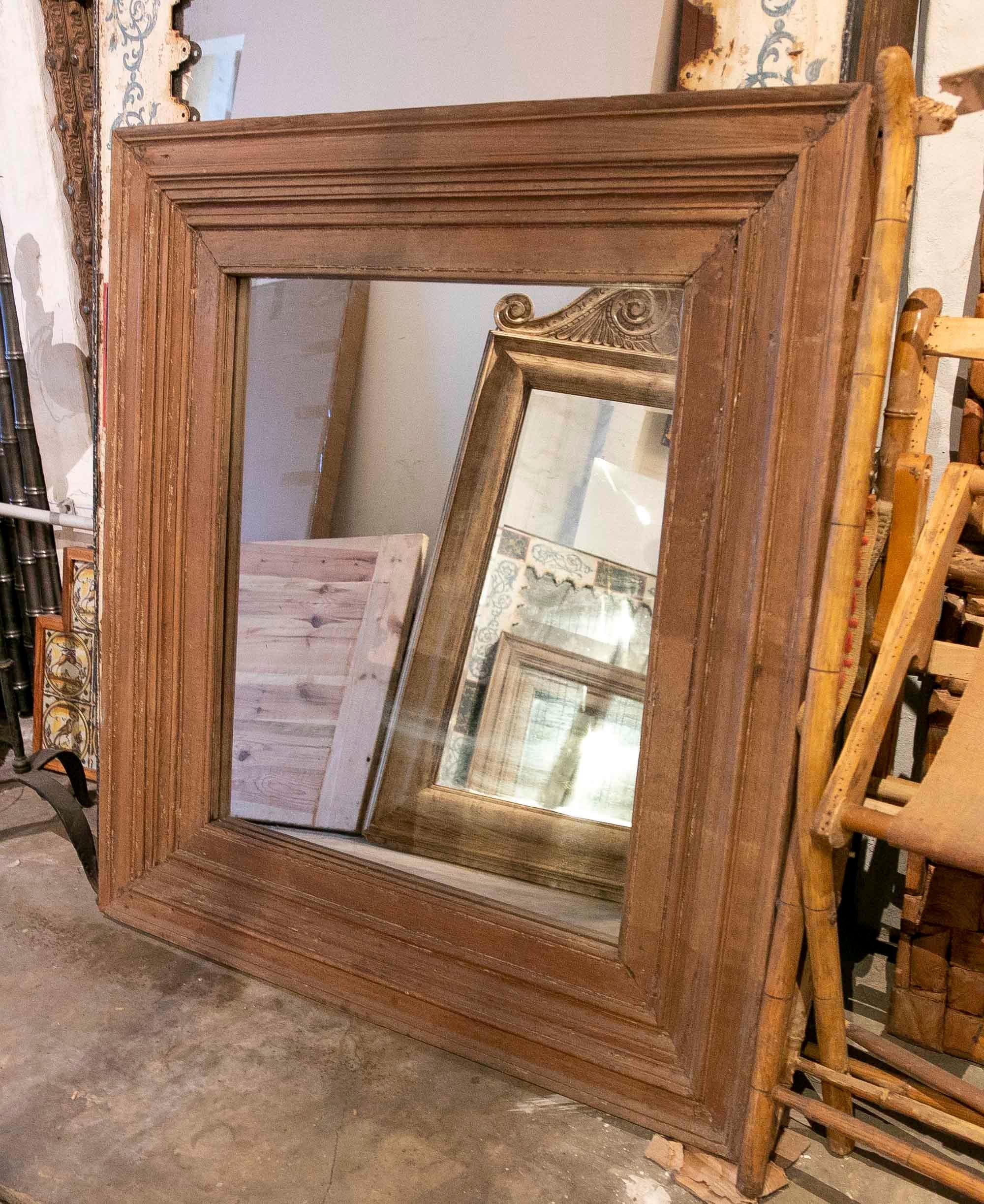 Spanish Hand-Carved Wooden Square Wall Mirror For Sale