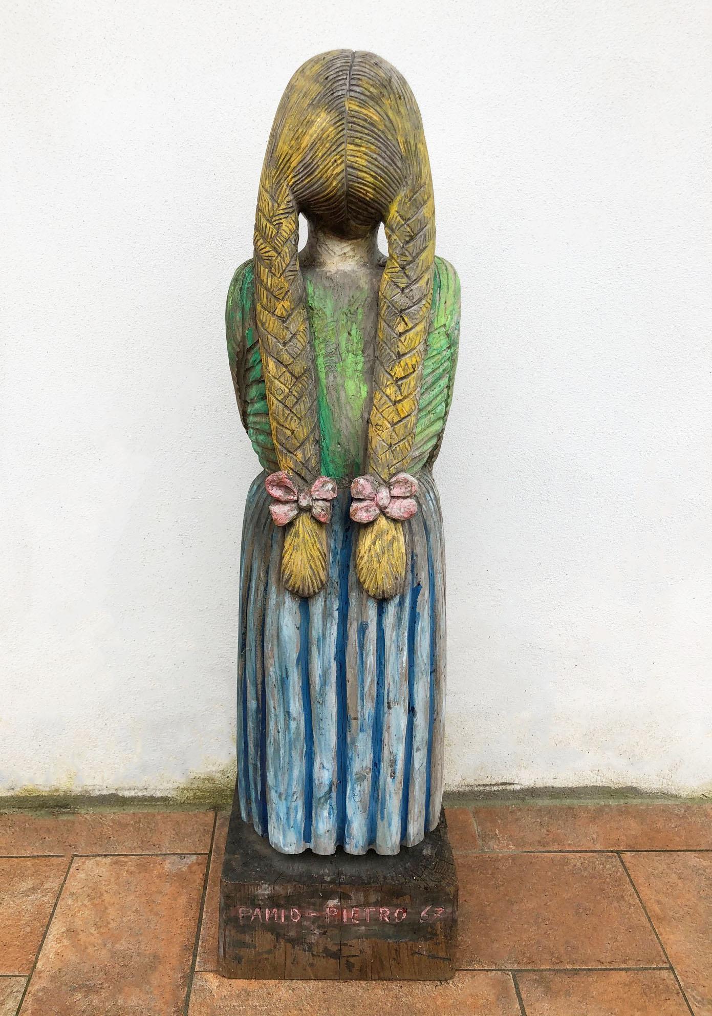 Folk Art Hand Carved Wooden Statue from 1967, Original Painting, Unique Piece Italian