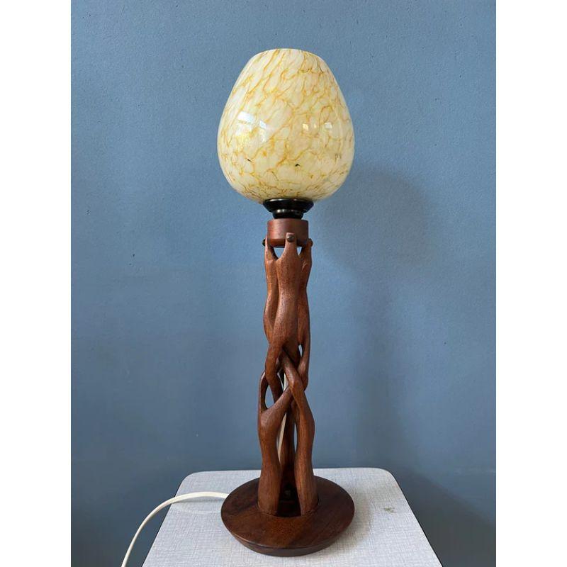 European Hand-Carved Wooden Table Lamp with Art Deco Style Shade For Sale