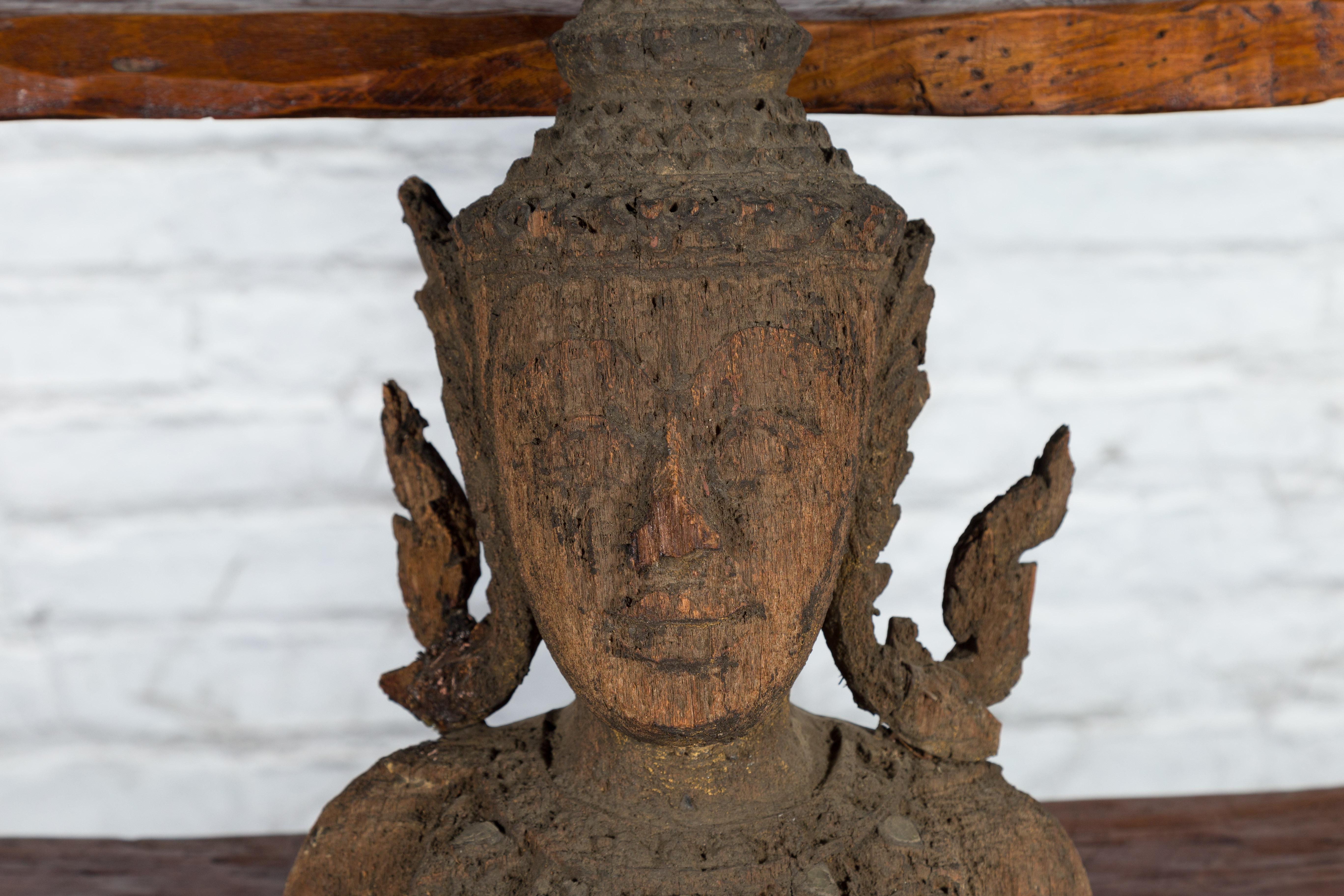 Hand-Carved Wooden Temple Sculpture Depicting a Thai Warrior Ready for Battle For Sale 4