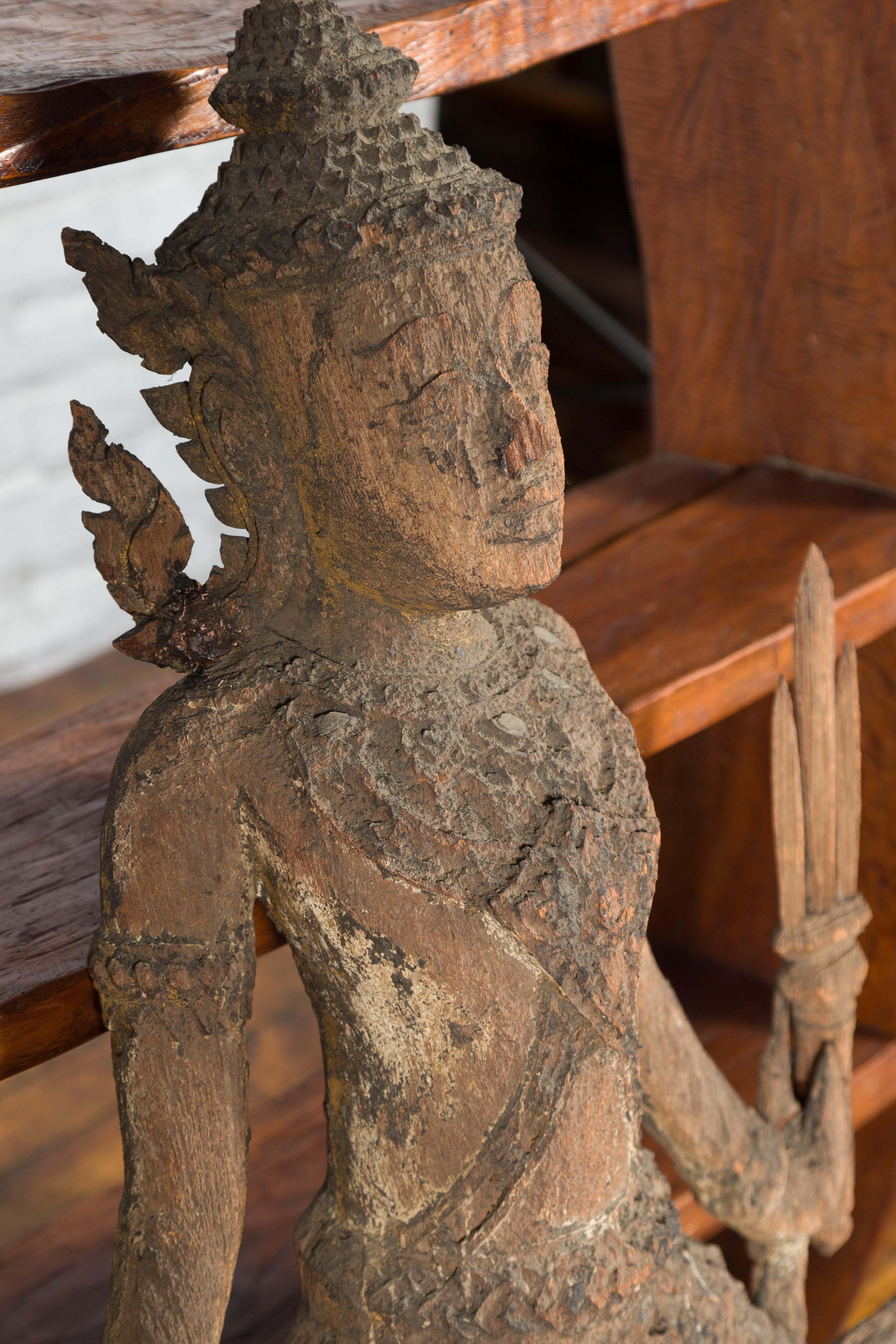 Hand-Carved Wooden Temple Sculpture Depicting a Thai Warrior Ready for Battle For Sale 8