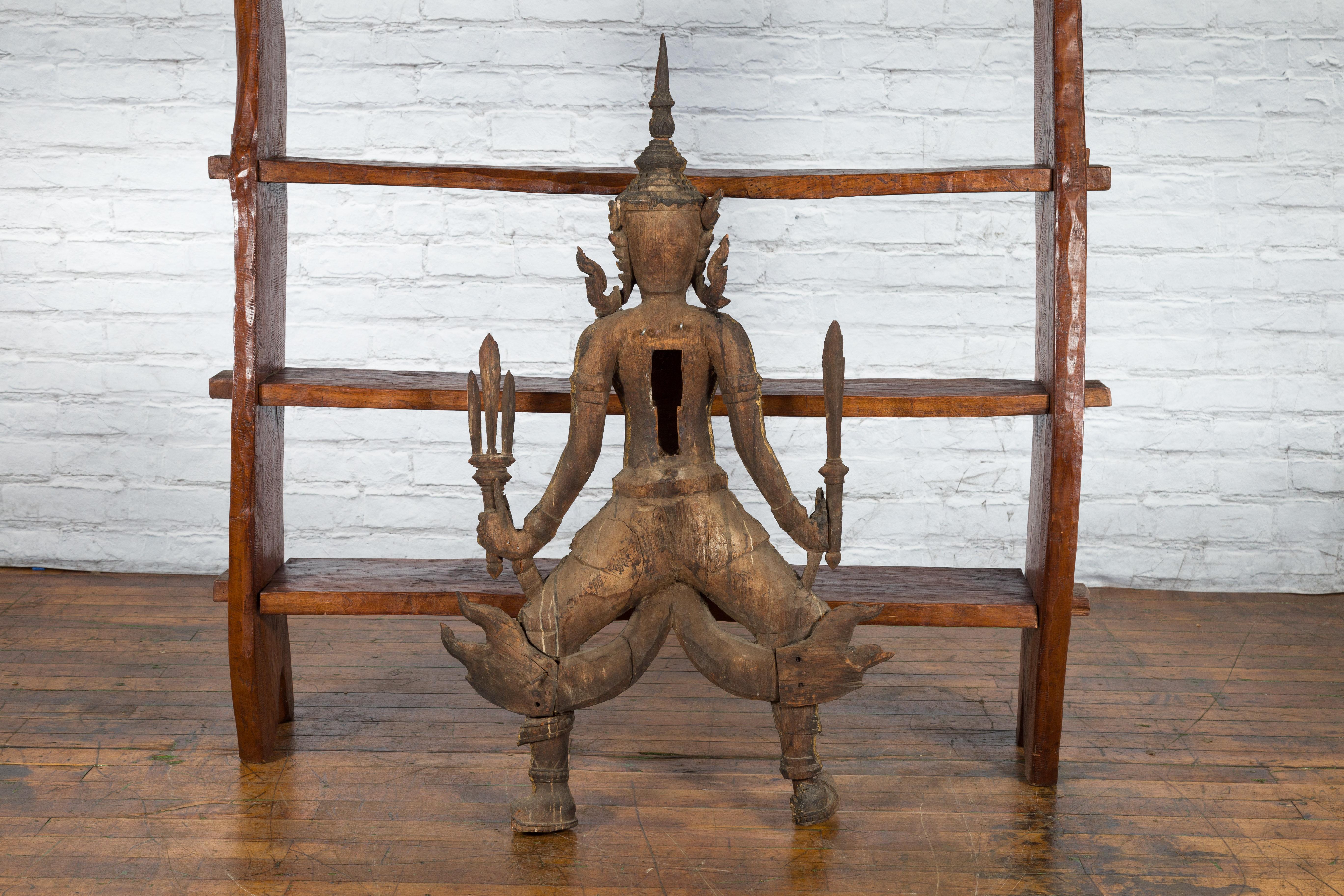 Hand-Carved Wooden Temple Sculpture Depicting a Thai Warrior Ready for Battle For Sale 9