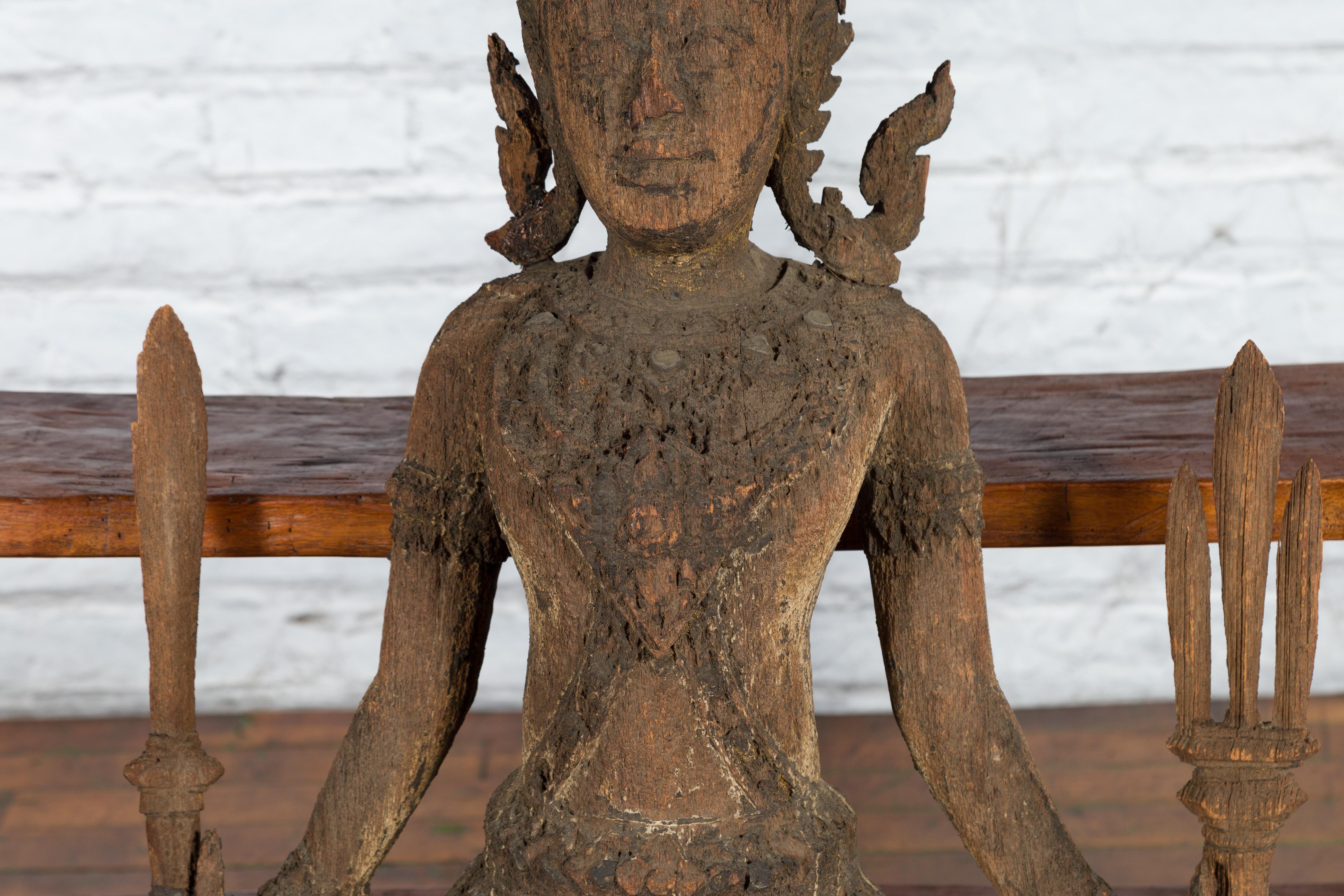 Hand-Carved Wooden Temple Sculpture Depicting a Thai Warrior Ready for Battle In Distressed Condition For Sale In Yonkers, NY