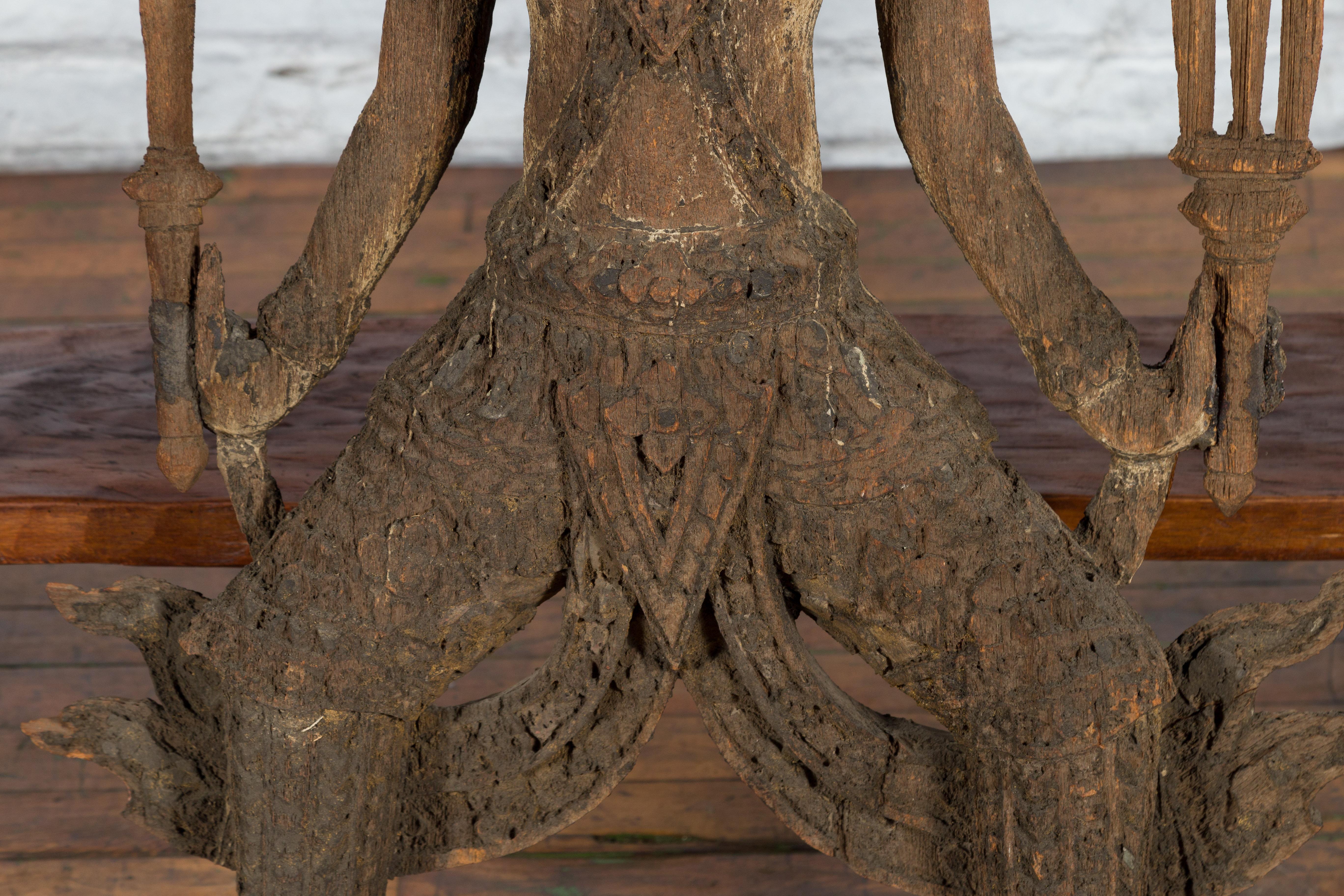 19th Century Hand-Carved Wooden Temple Sculpture Depicting a Thai Warrior Ready for Battle For Sale