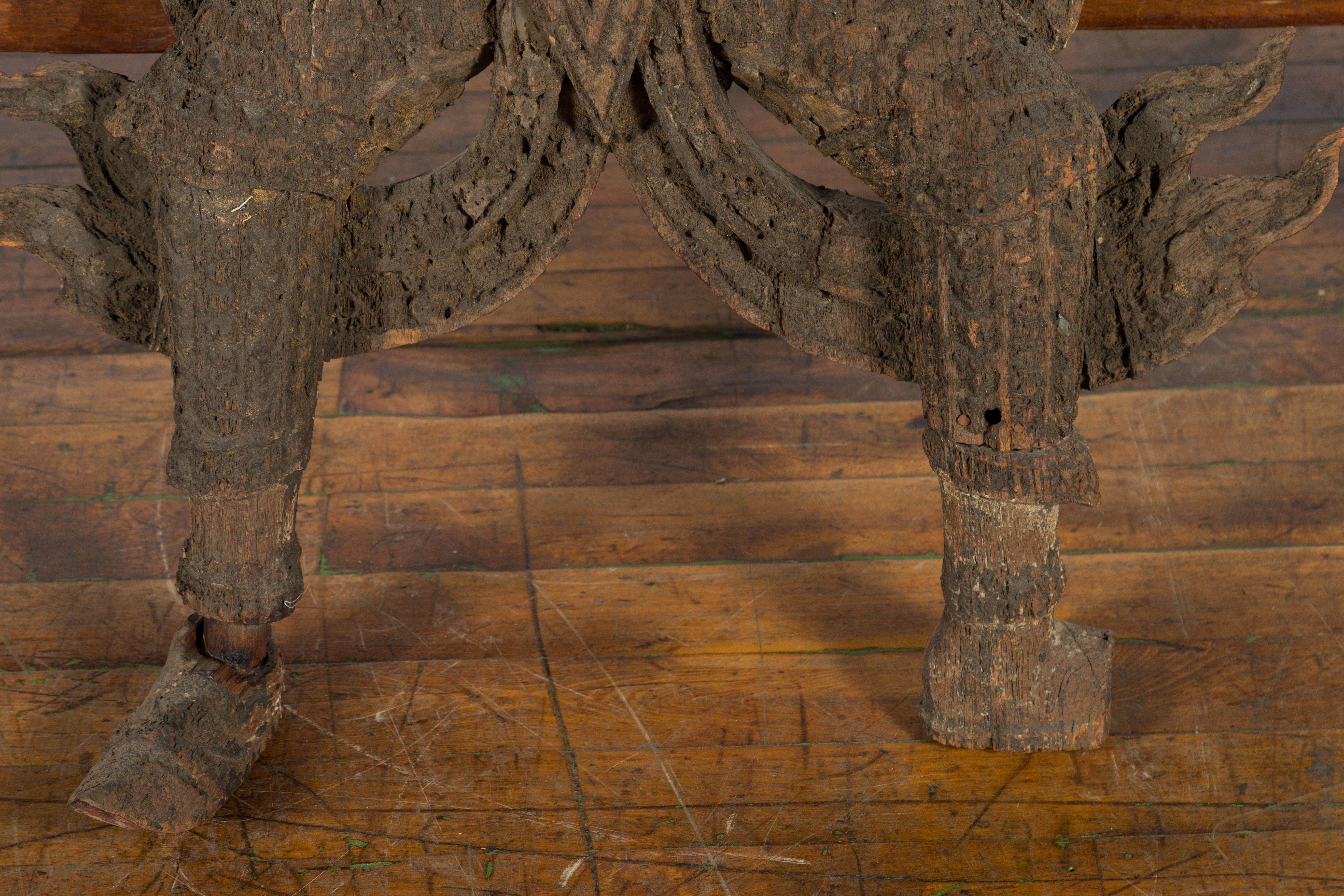 Hand-Carved Wooden Temple Sculpture Depicting a Thai Warrior Ready for Battle For Sale 1