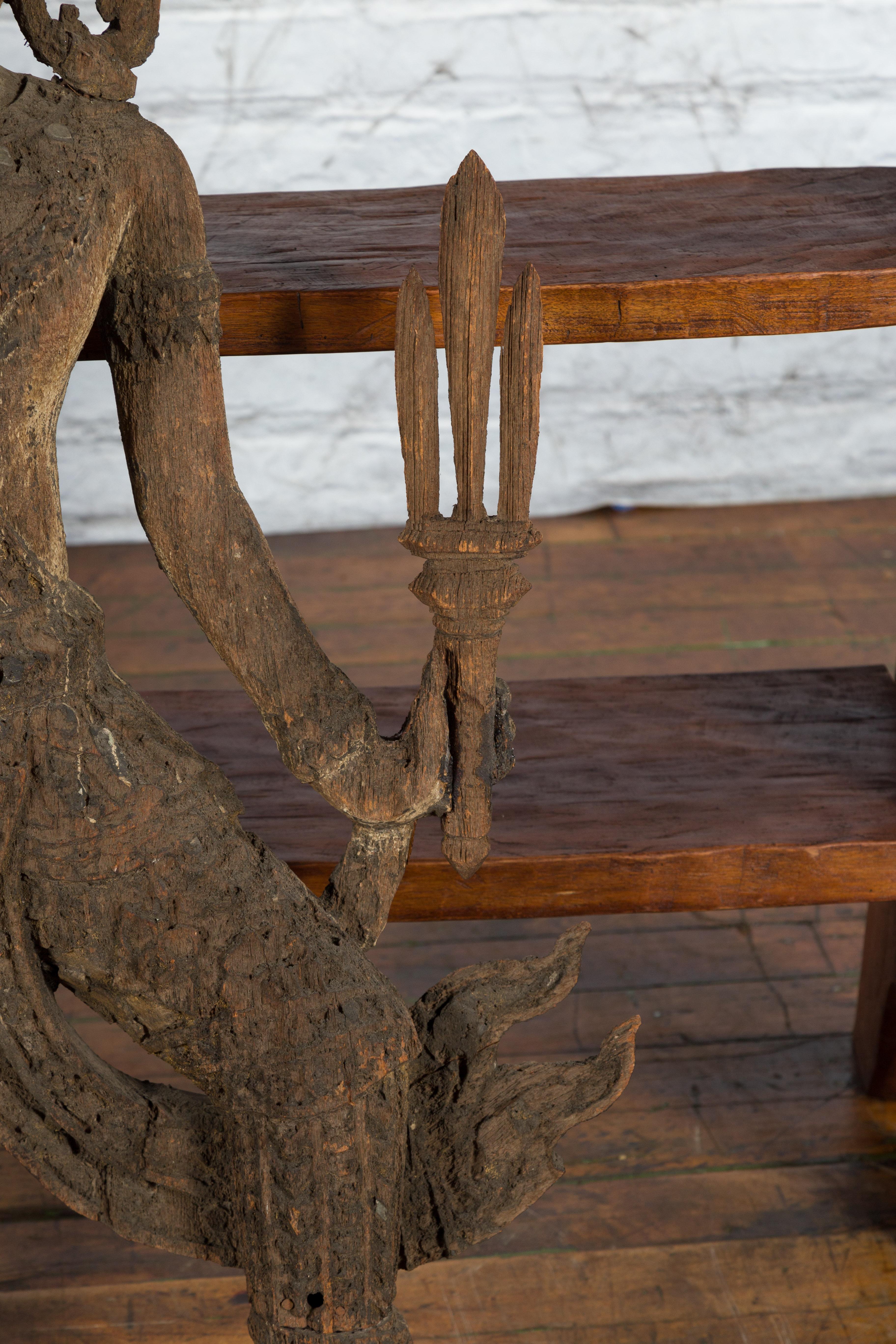 Hand-Carved Wooden Temple Sculpture Depicting a Thai Warrior Ready for Battle For Sale 3