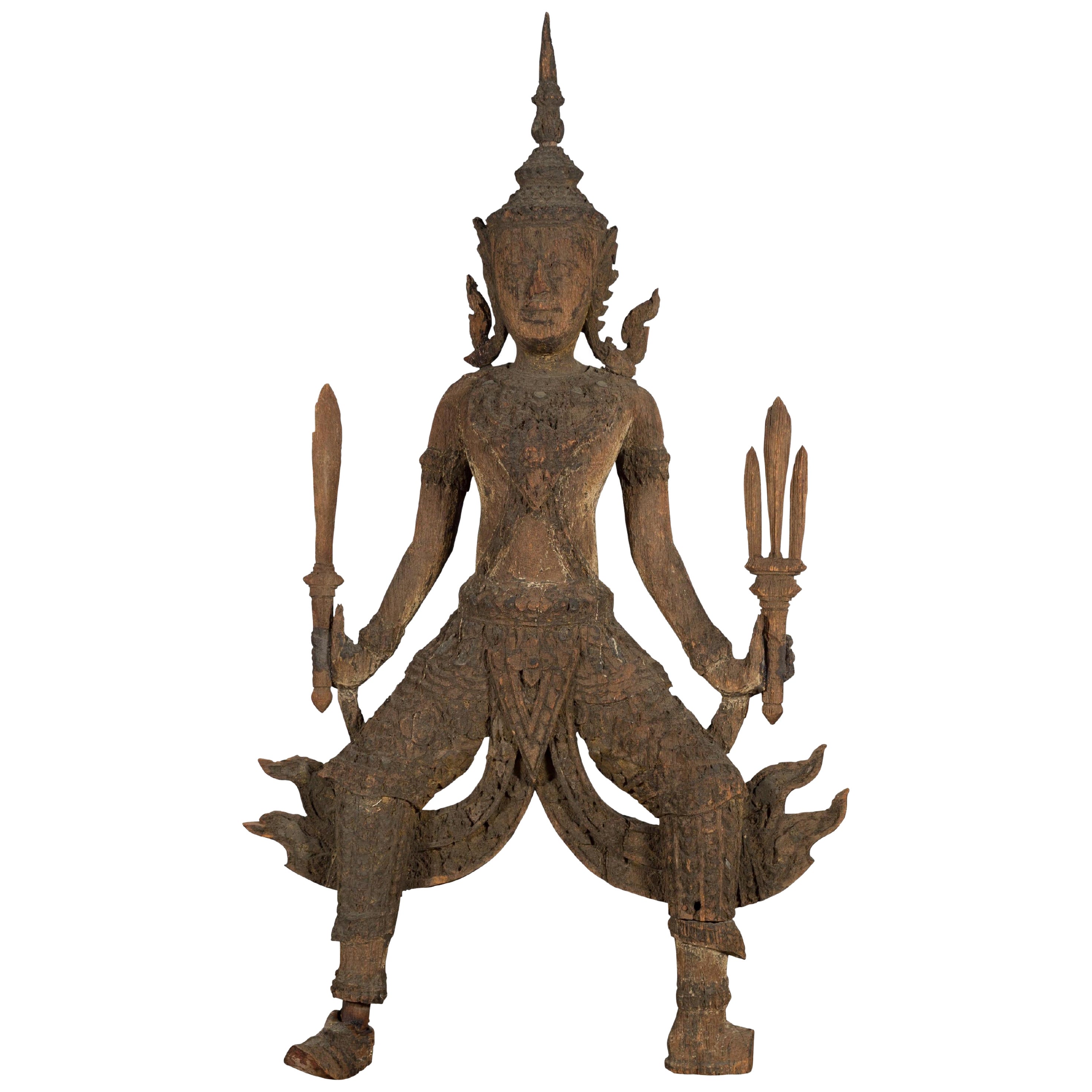 Hand-Carved Wooden Temple Sculpture Depicting a Thai Warrior Ready for Battle