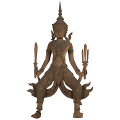 Hand-Carved Wooden Temple Sculpture Depicting a Thai Warrior Ready for Battle