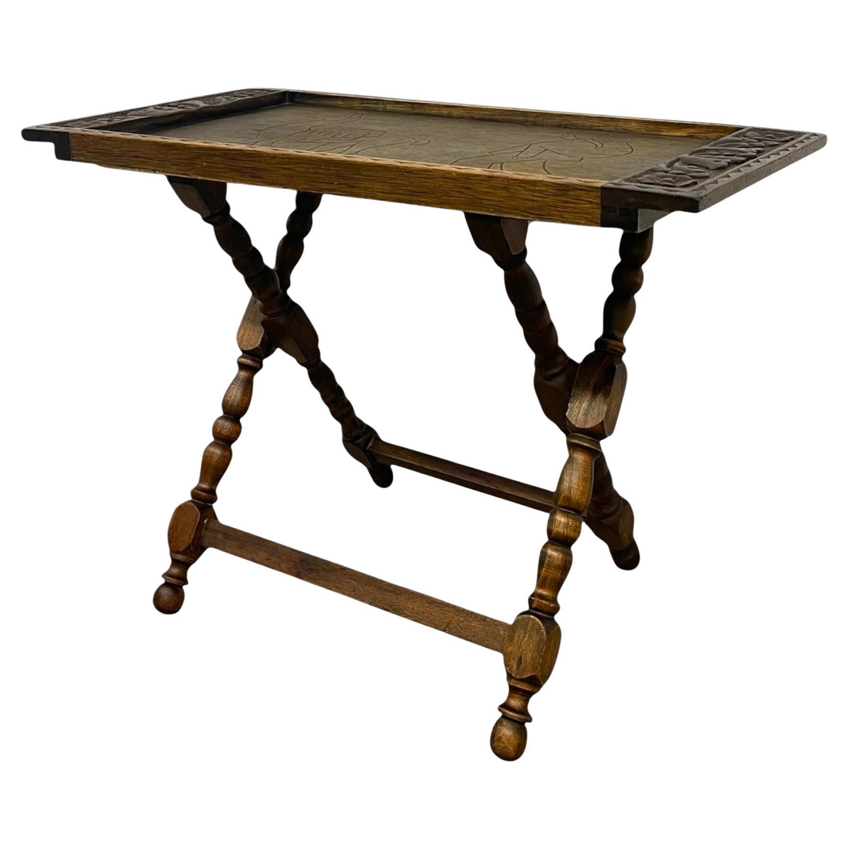 Hand-Carved Wooden Tray With Folding Stand - Carved Llama and Figure Motif. For Sale