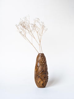 Hand-Carved Wooden Vase, Grapes and Leaves pattern, France 1960s