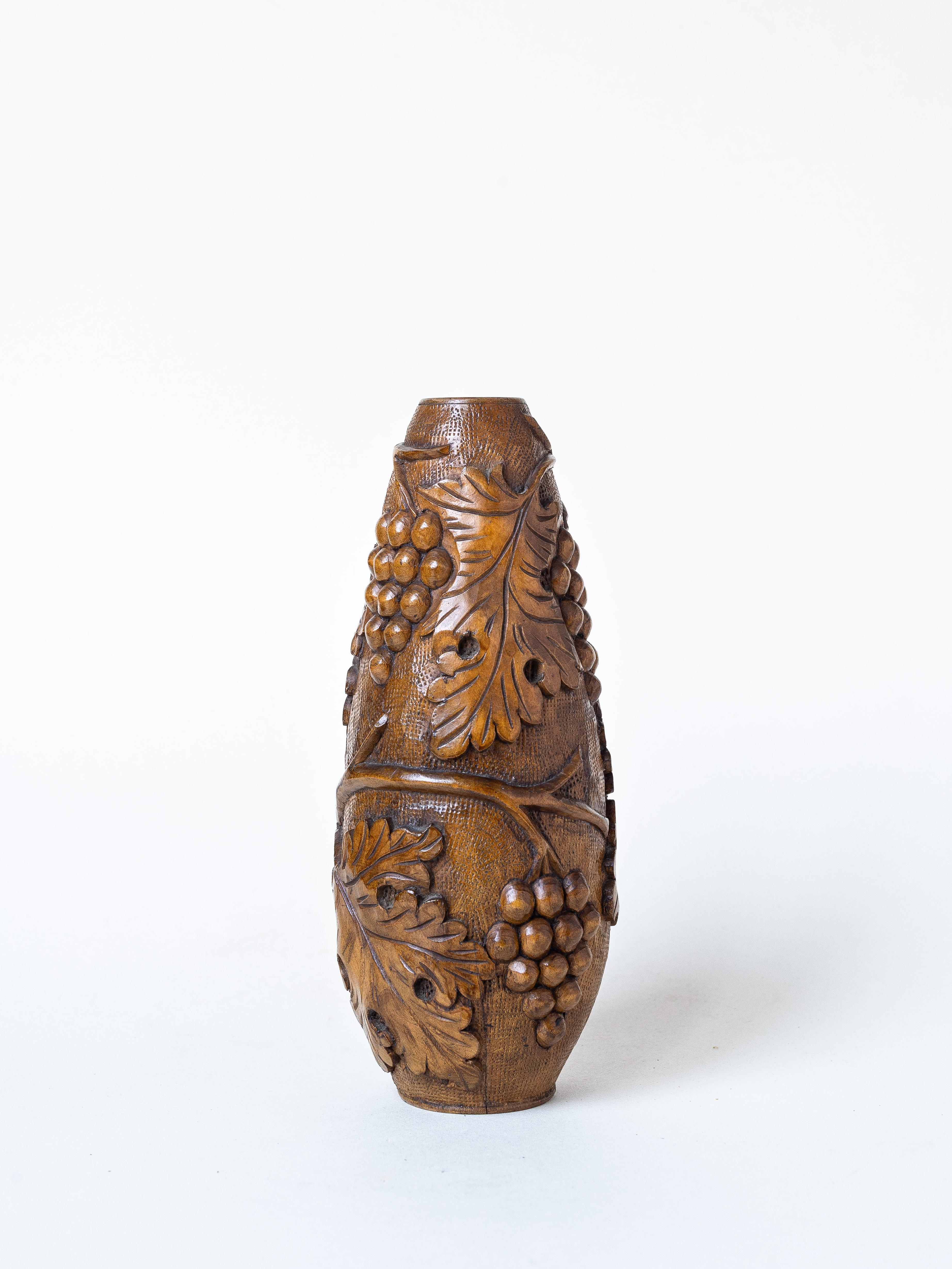 Mid-Century Modern Hand-Carved Wooden Vase, Grapes and Leaves pattern, France 1960s For Sale