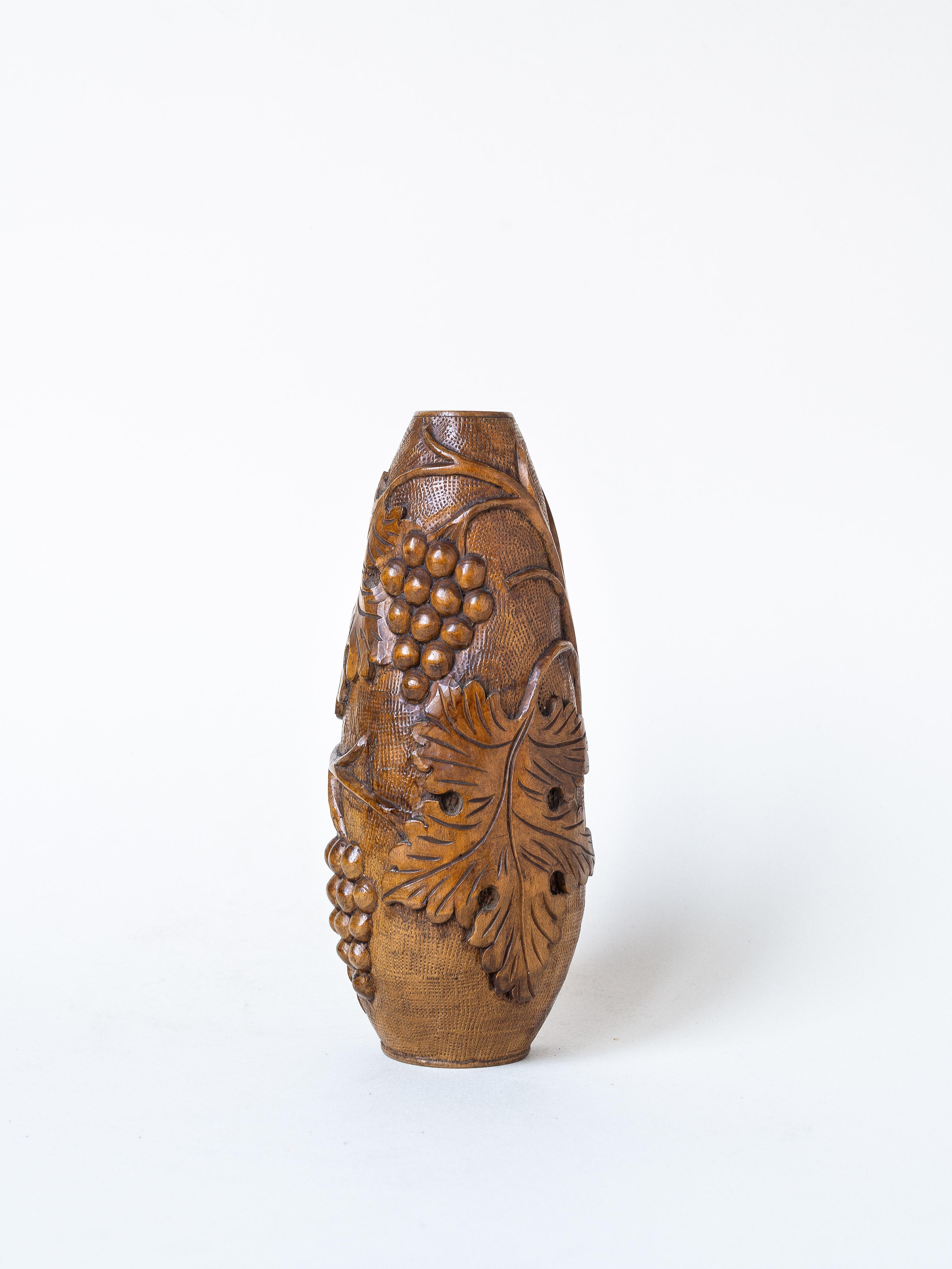 20th Century Hand-Carved Wooden Vase, Grapes and Leaves pattern, France 1960s For Sale