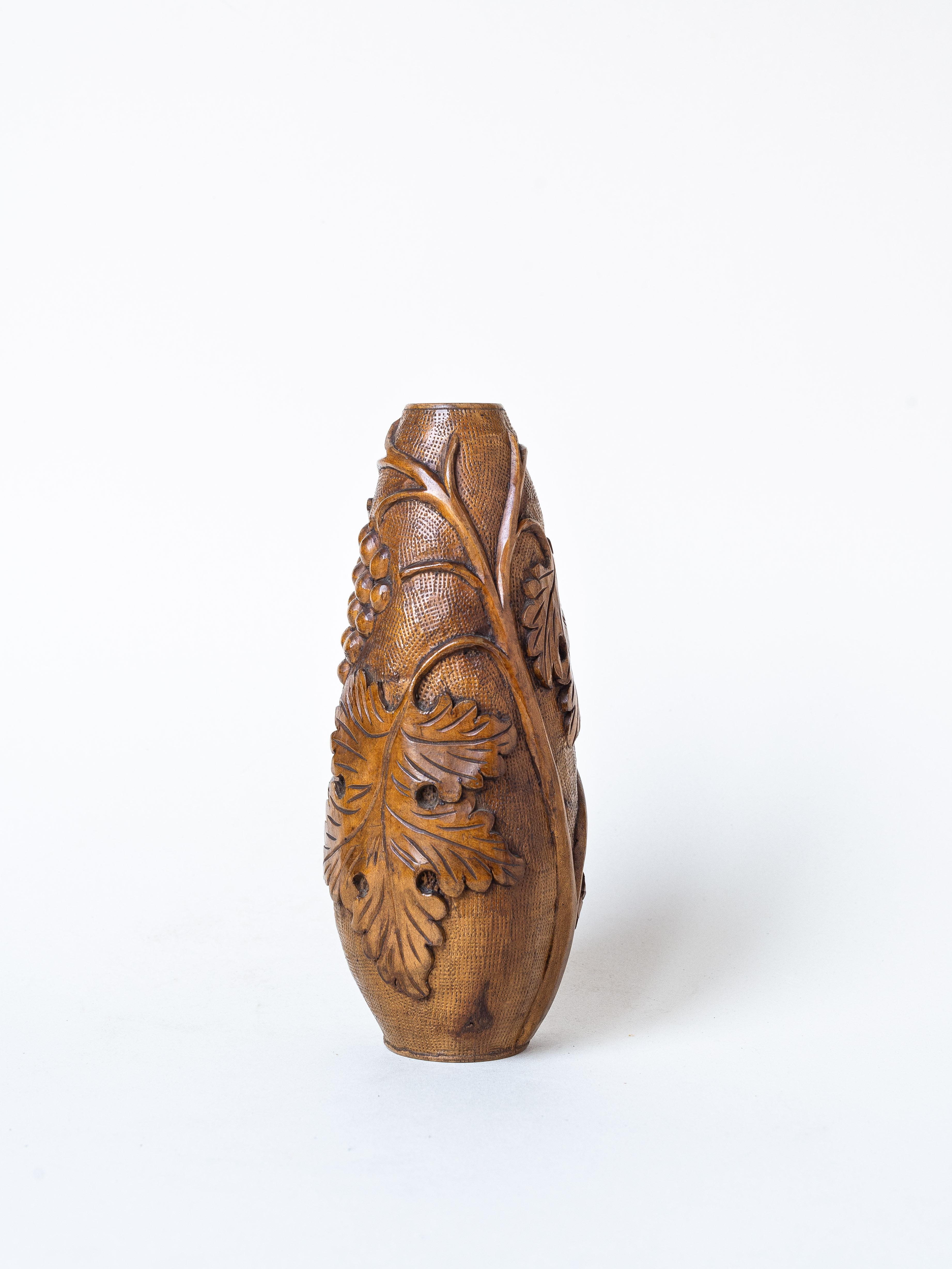 Hand-Carved Wooden Vase, Grapes and Leaves pattern, France 1960s For Sale 1