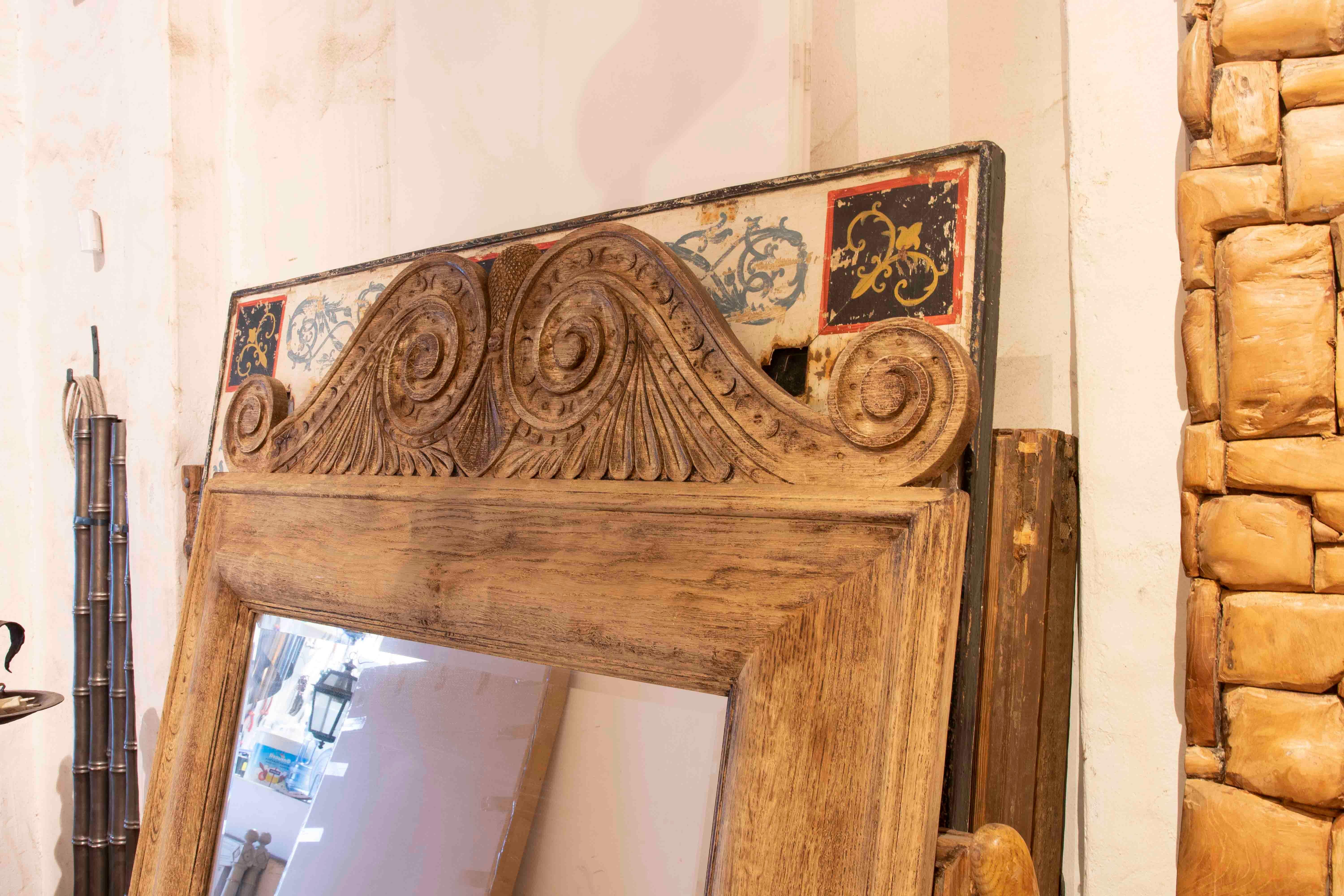 Hand-Carved Wooden Wall Mirror with Top For Sale 1