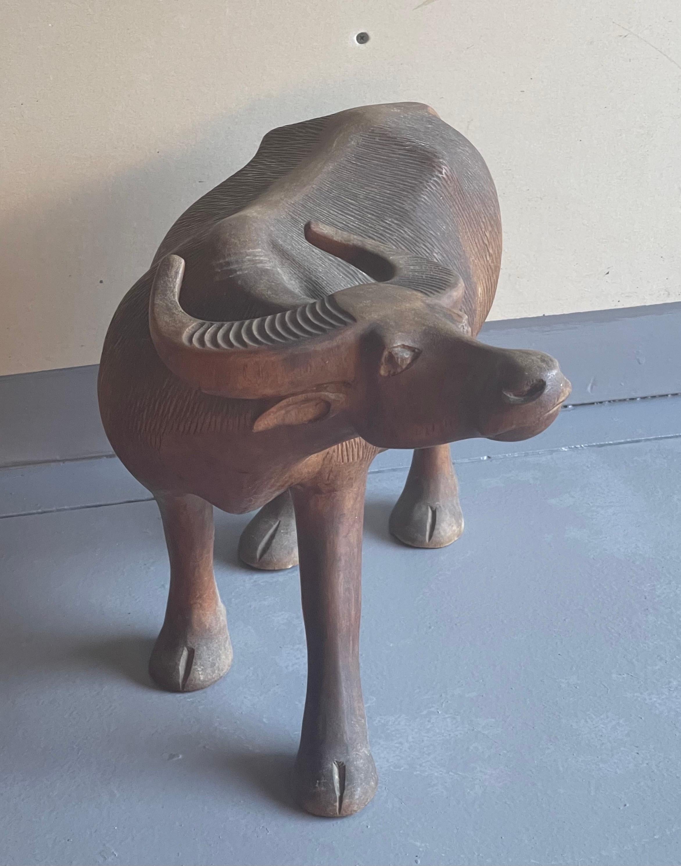 20th Century Hand Carved Wooden Water Buffalo Sculpture