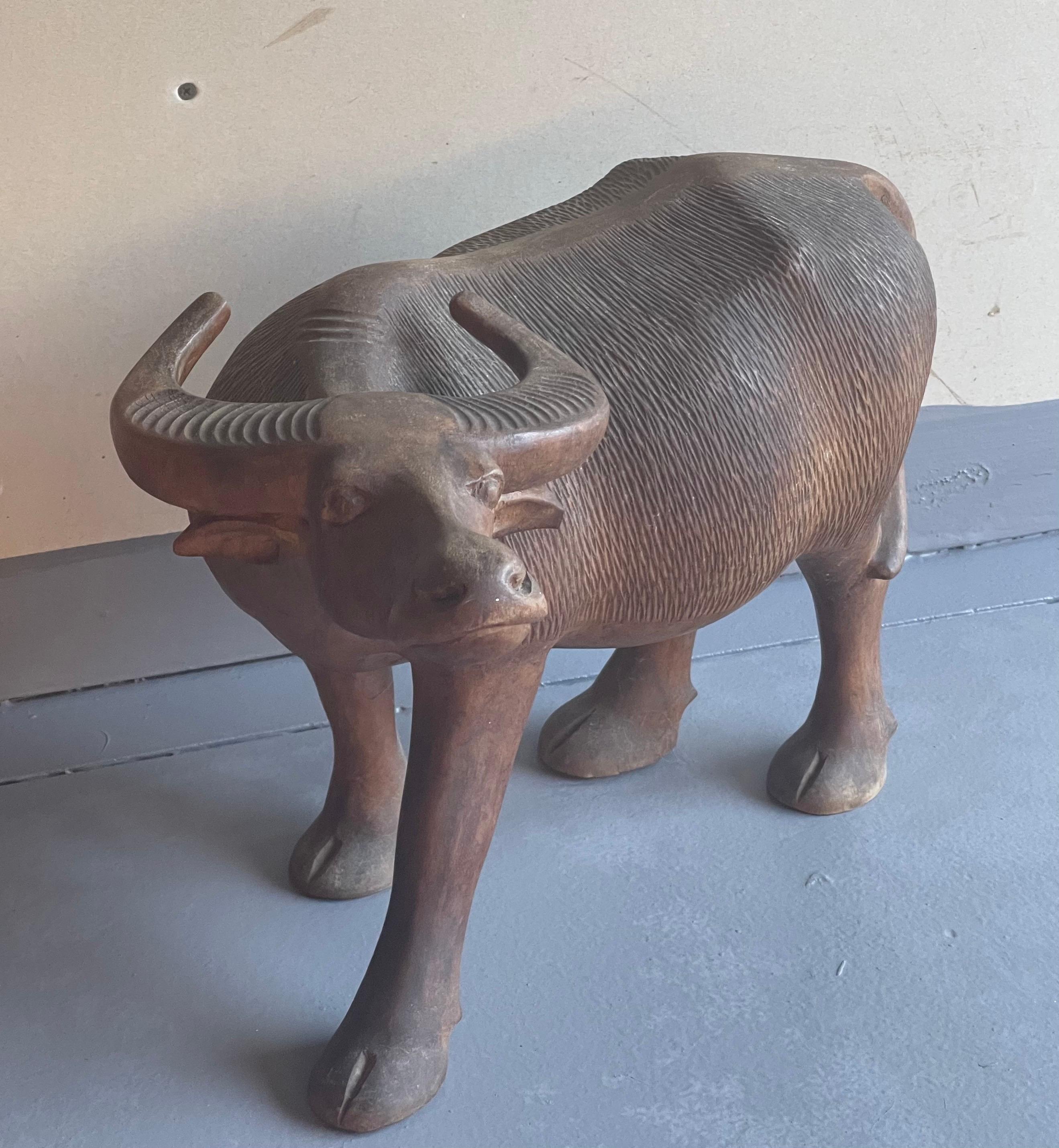 Hand Carved Wooden Water Buffalo Sculpture 3